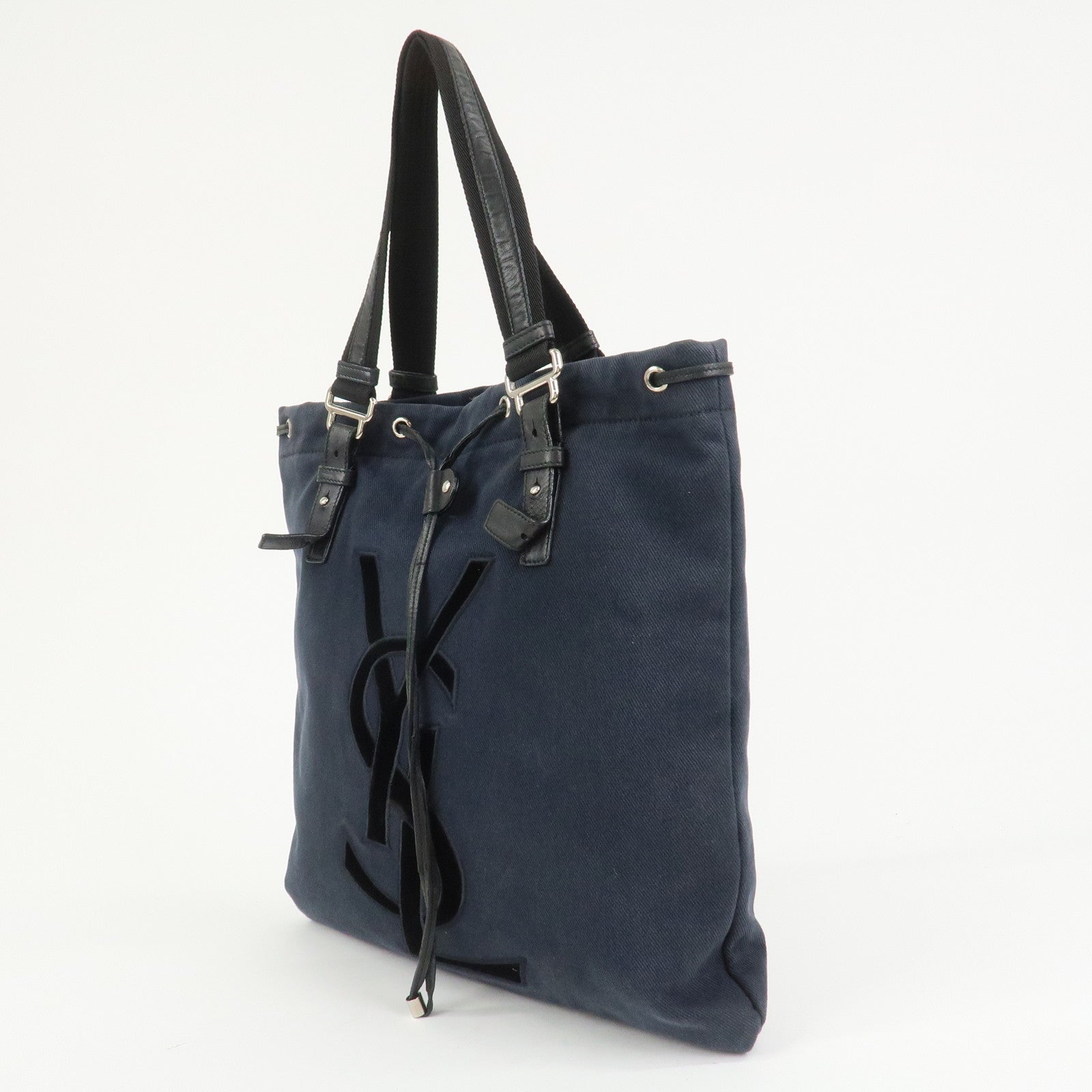 SAINT LAURENT PARIS Canvas Leather Tote Bag Shoulder Bag Navy