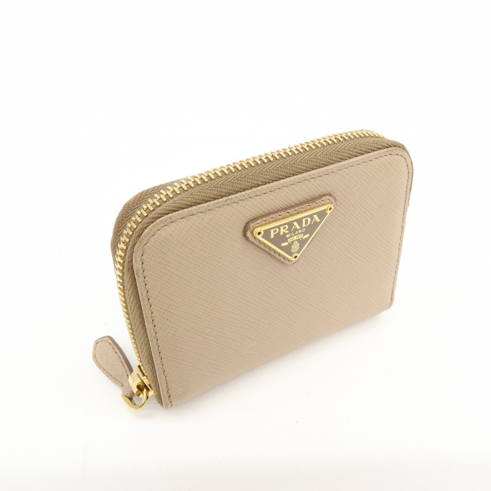 PRADA Triangle Logo Saffiano Leather Round Zippy Compact Wallet