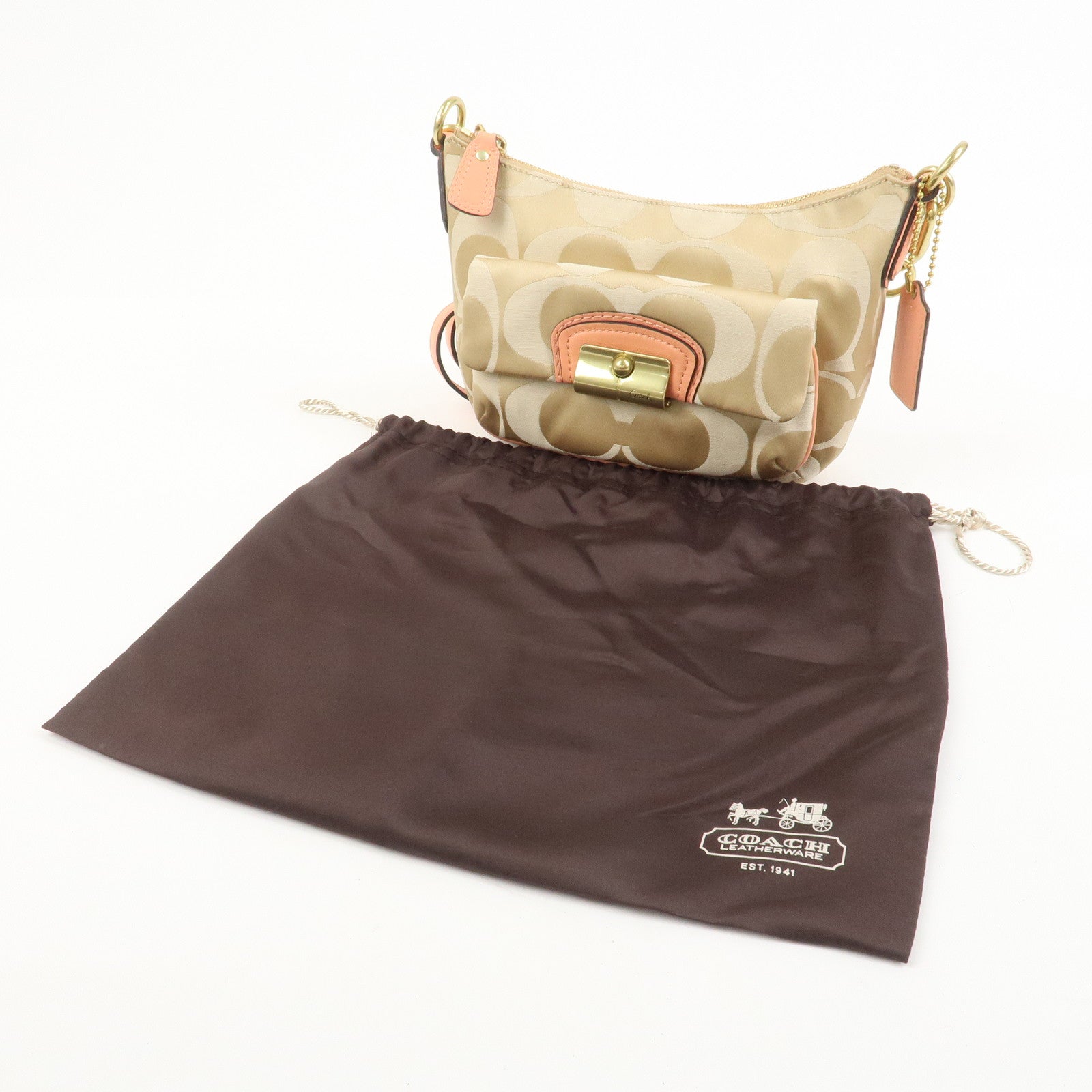 COACH Signature Canvas Leather Shoulder Crossbody Bag Beige Pink