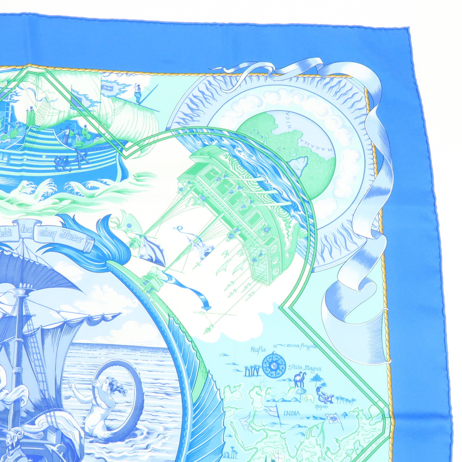 HERMES Carre 90 Silk 100% Scarf Au-dela des cinq mers Blue Green
