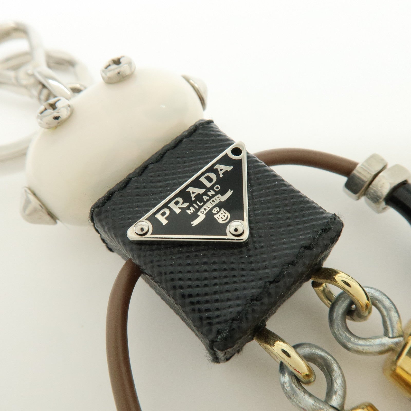 PRADA Triangle Logo Leather Metal Bag Charm Key Charm Black 1ARA97