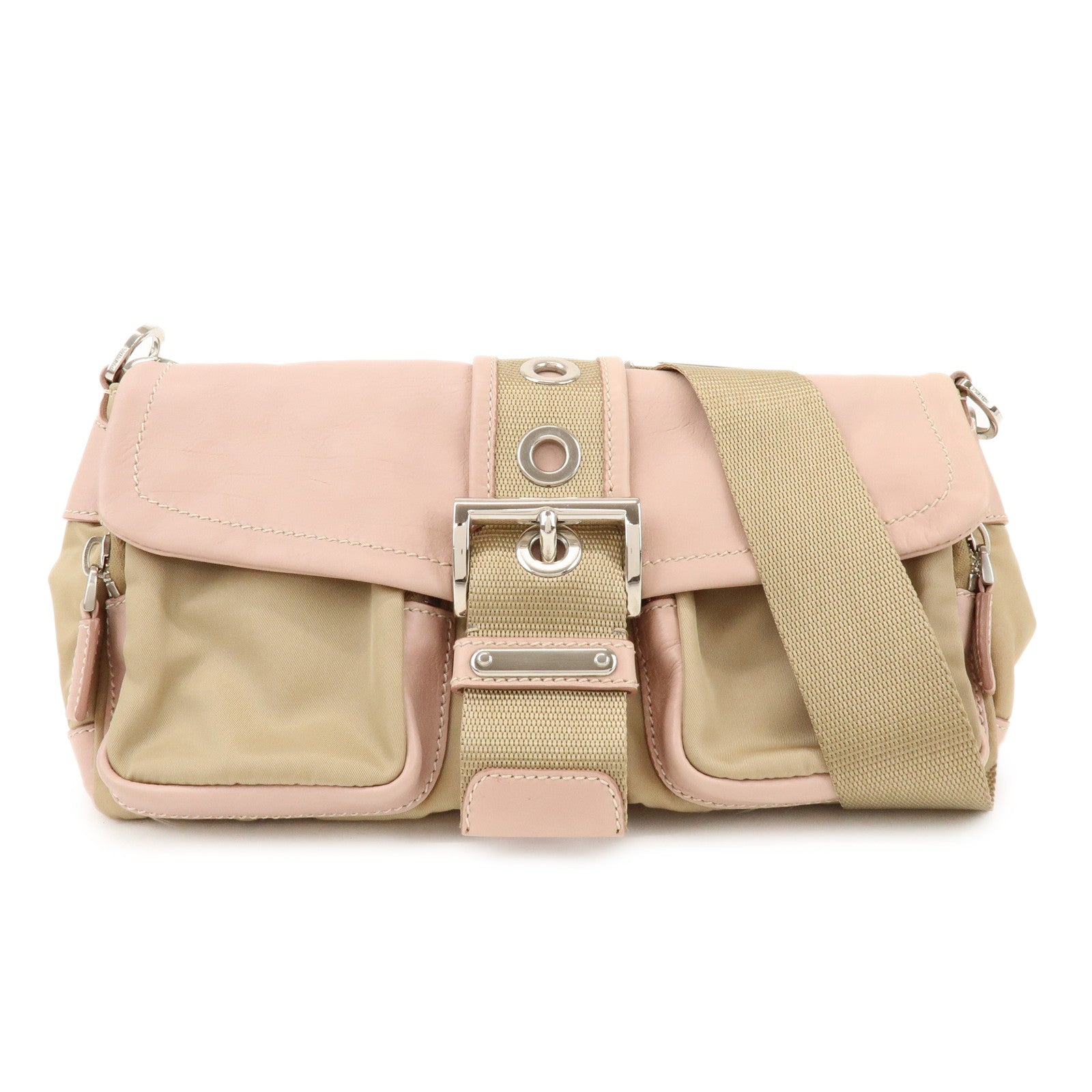 PRADA Triangle Logo Nylon Leather Shoulder Bag Beige Pink BR2417