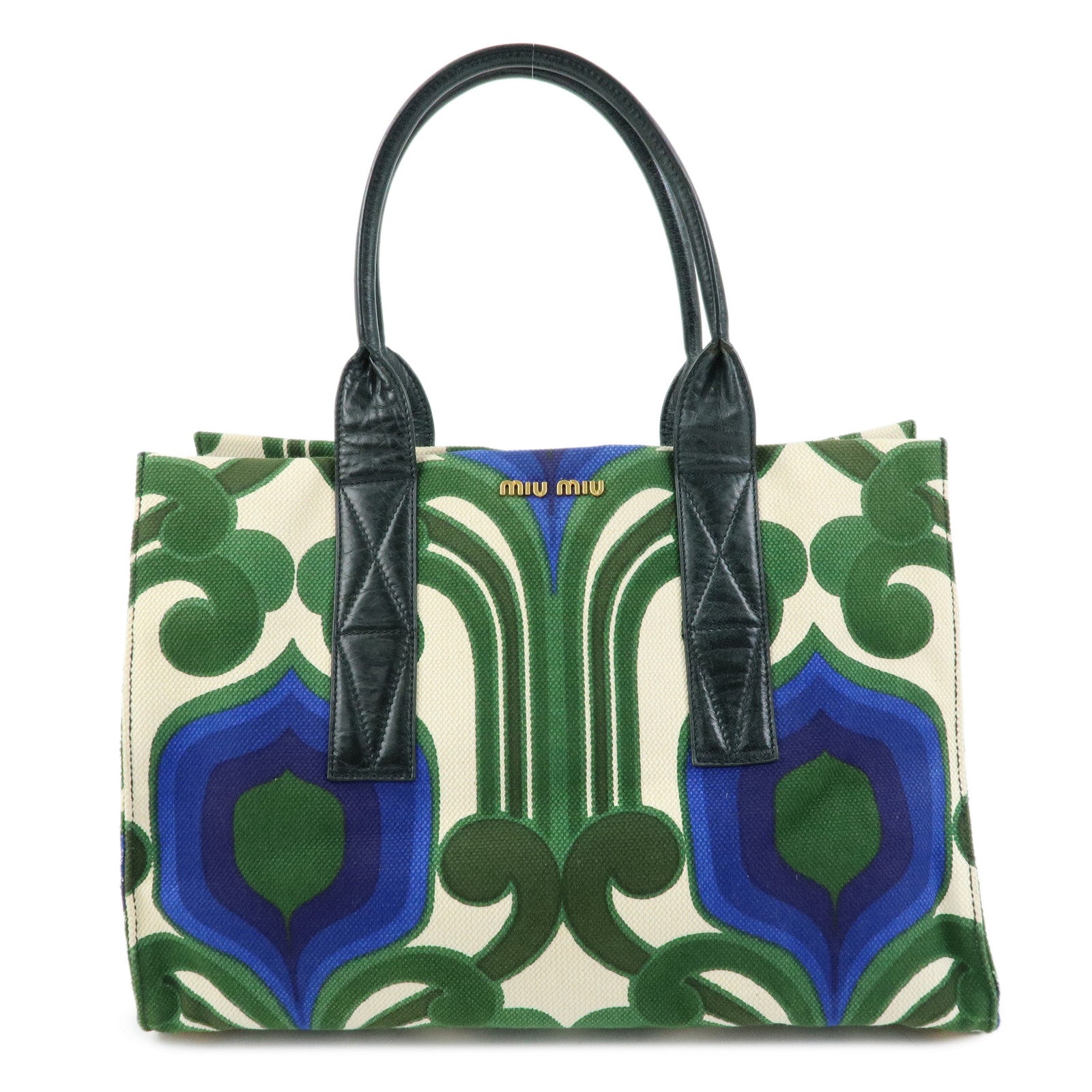 MIU MIU Canvas Leather Tote Bag Hand Bag Green Natural