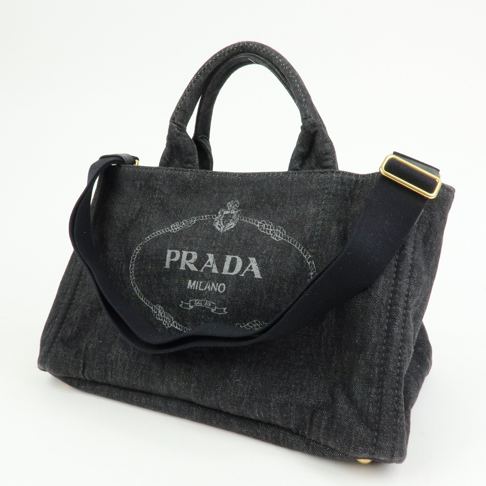 PRADA Triangle Logo Canapa Canvas 2Way Tote Hand Bag Black BN2642