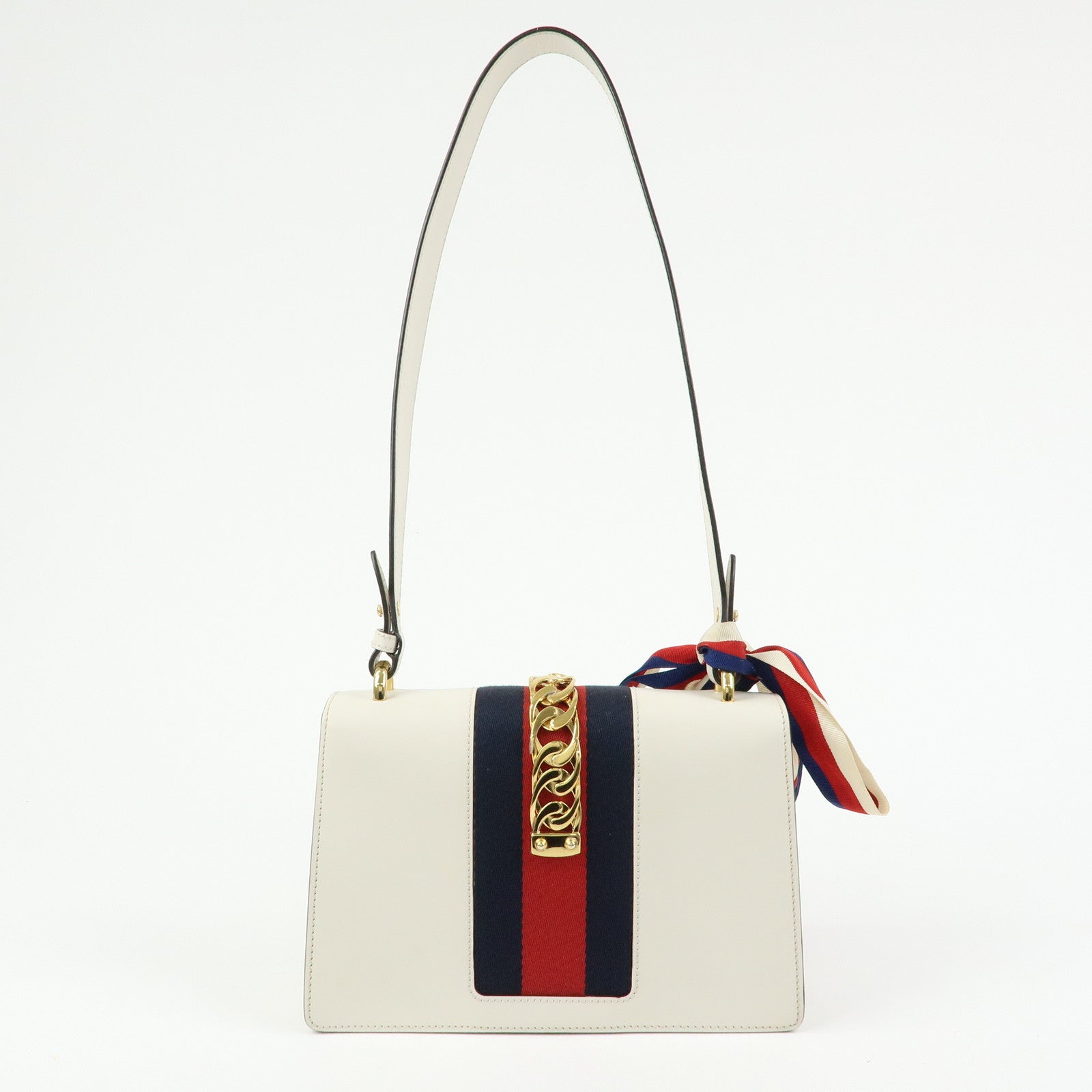 GUCCI Sylvie Sherry Leather Shoulder Bag Ribbon Charm White 421882