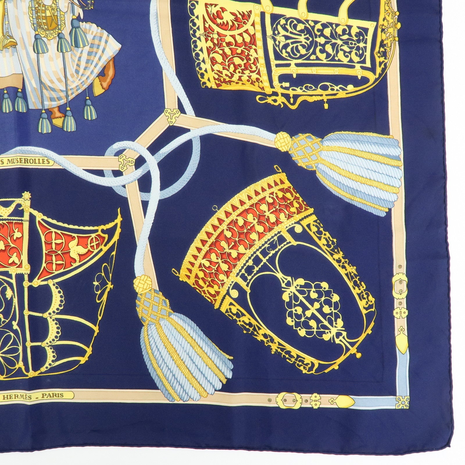 HERMES Carre 90 Silk 100% Scarf LES MUSEROLLES Navy Yellow