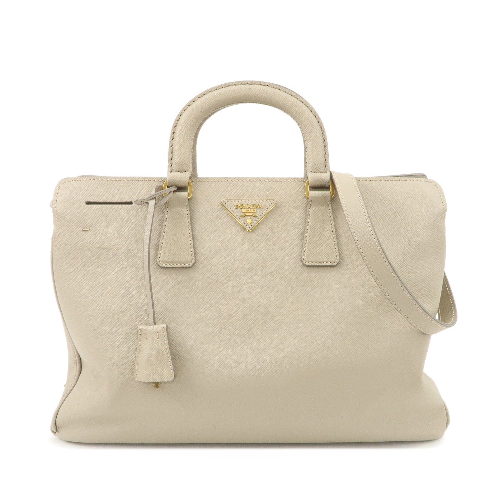 PRADA Triangle Logo Leather 2Way Bag Hand Bag Beige Gold Hardware Used