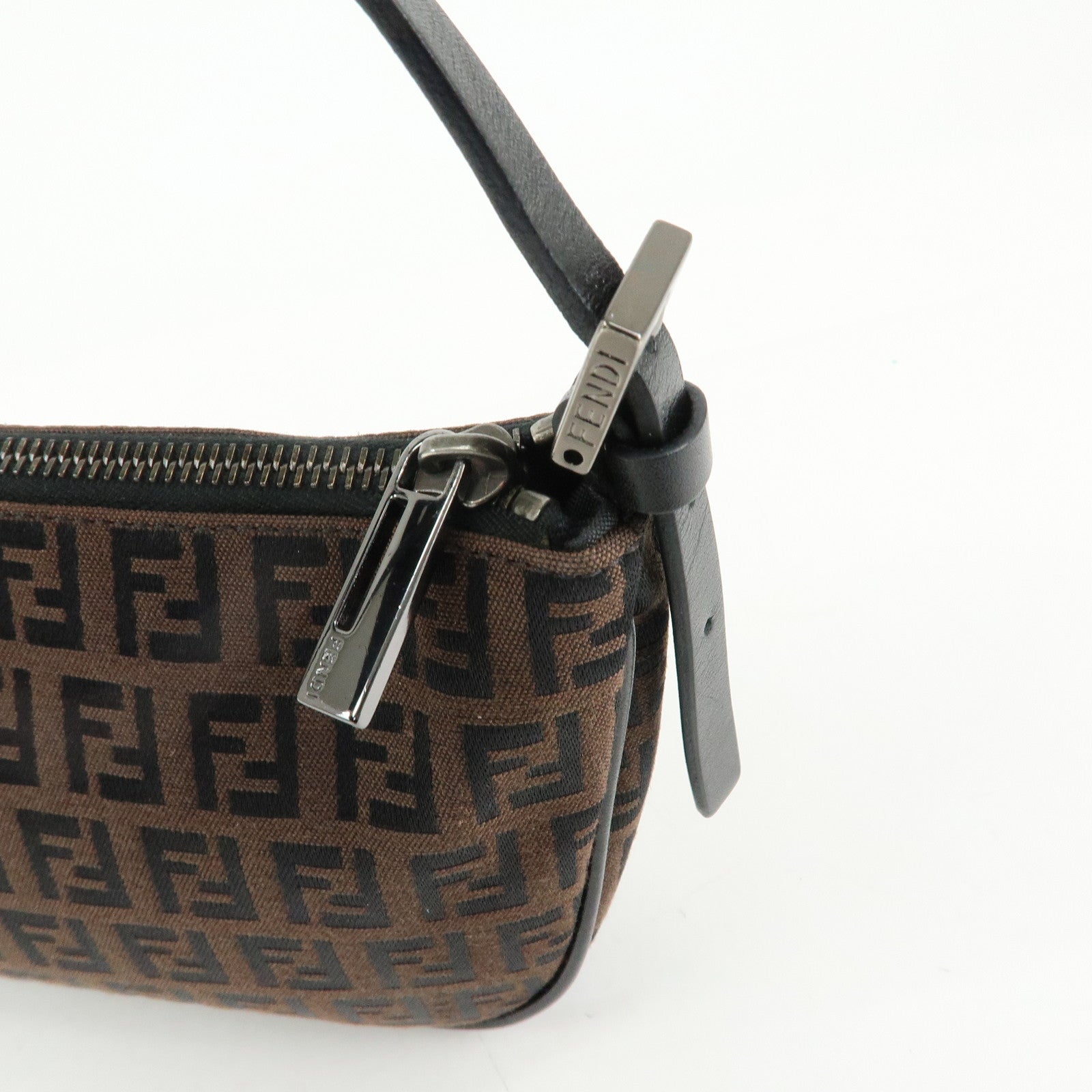 FENDI Zucchino Canvas Leather Hand Bag Brown Black 8BR1440