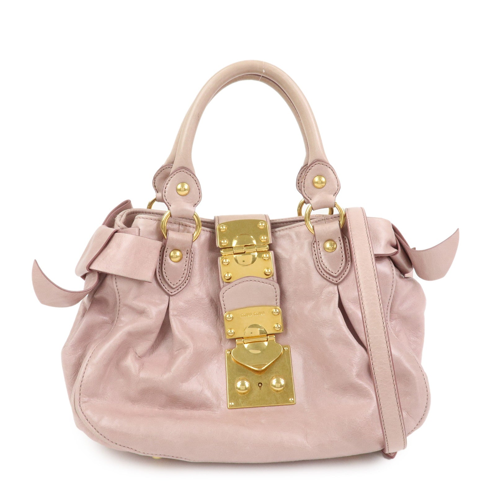 MIU MIU Leather Side Ribbon 2Way Hand Shoulder Bag Pink RN0686
