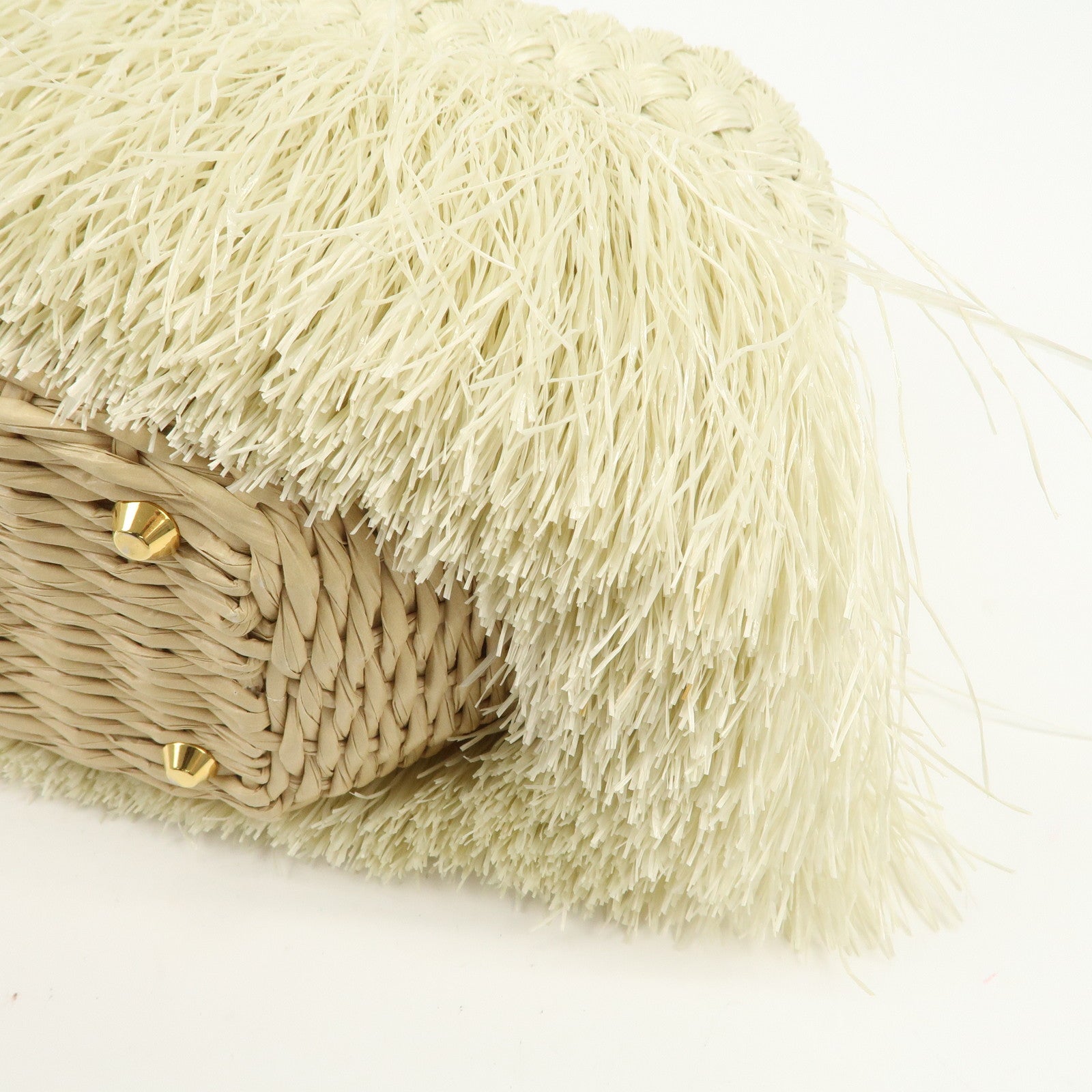 PRADA Logo Raffia Canvas Straw Hand Bag White Gold Charm1BG089