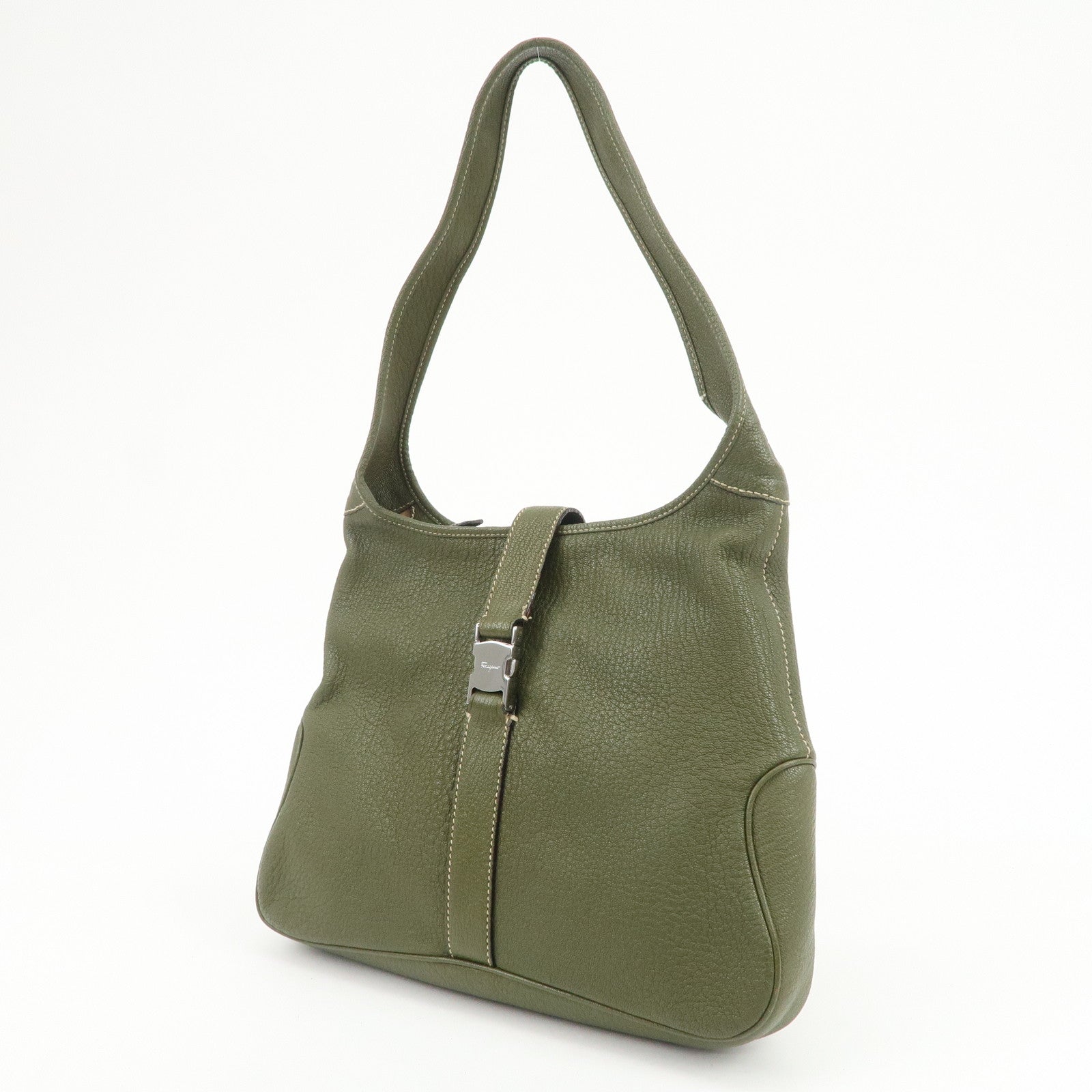 Ferragamo Logo Leather Shoulder Bag Hand Bag Khaki