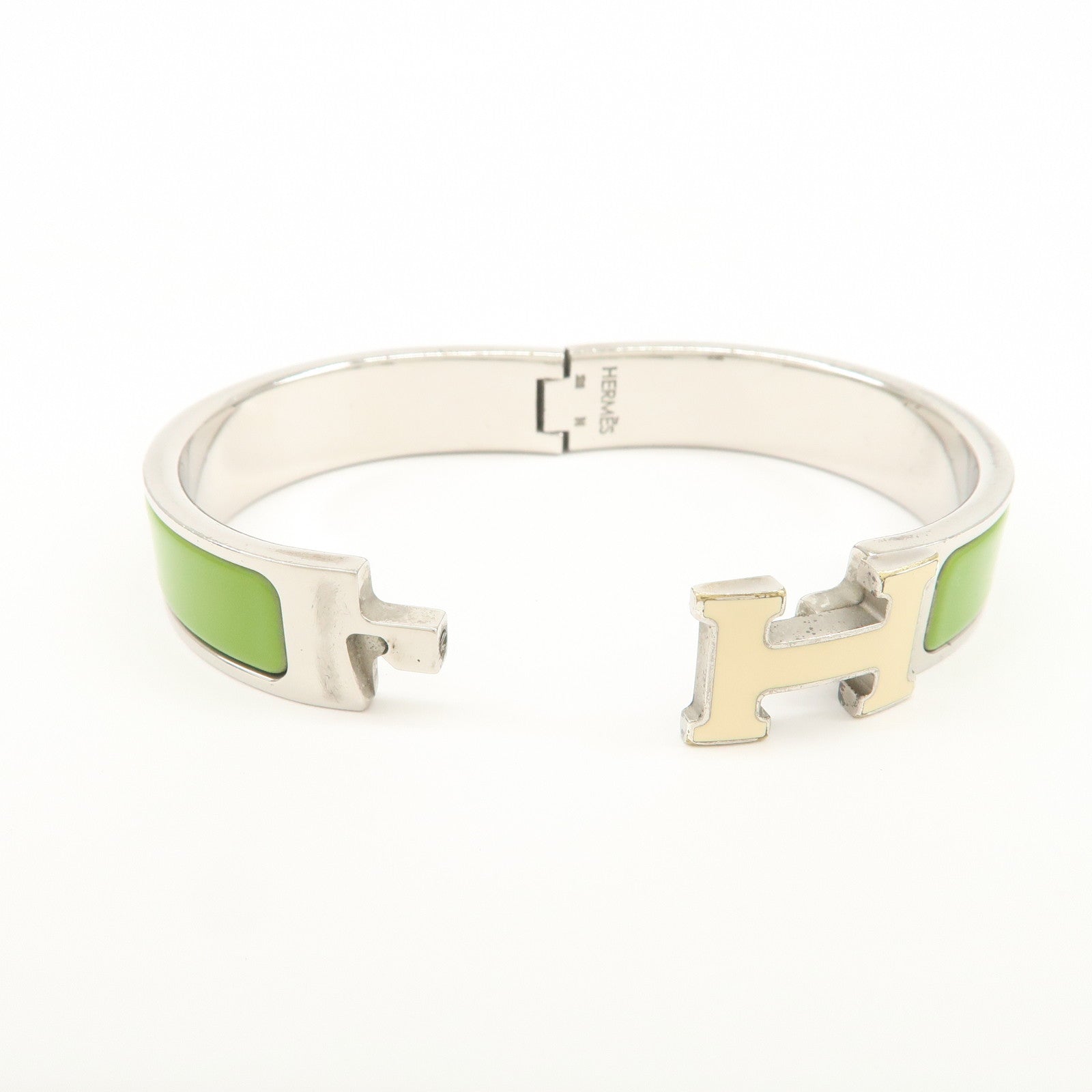 HERMES Clic Clac PM Metal Bracelet Bangle Green Ivory