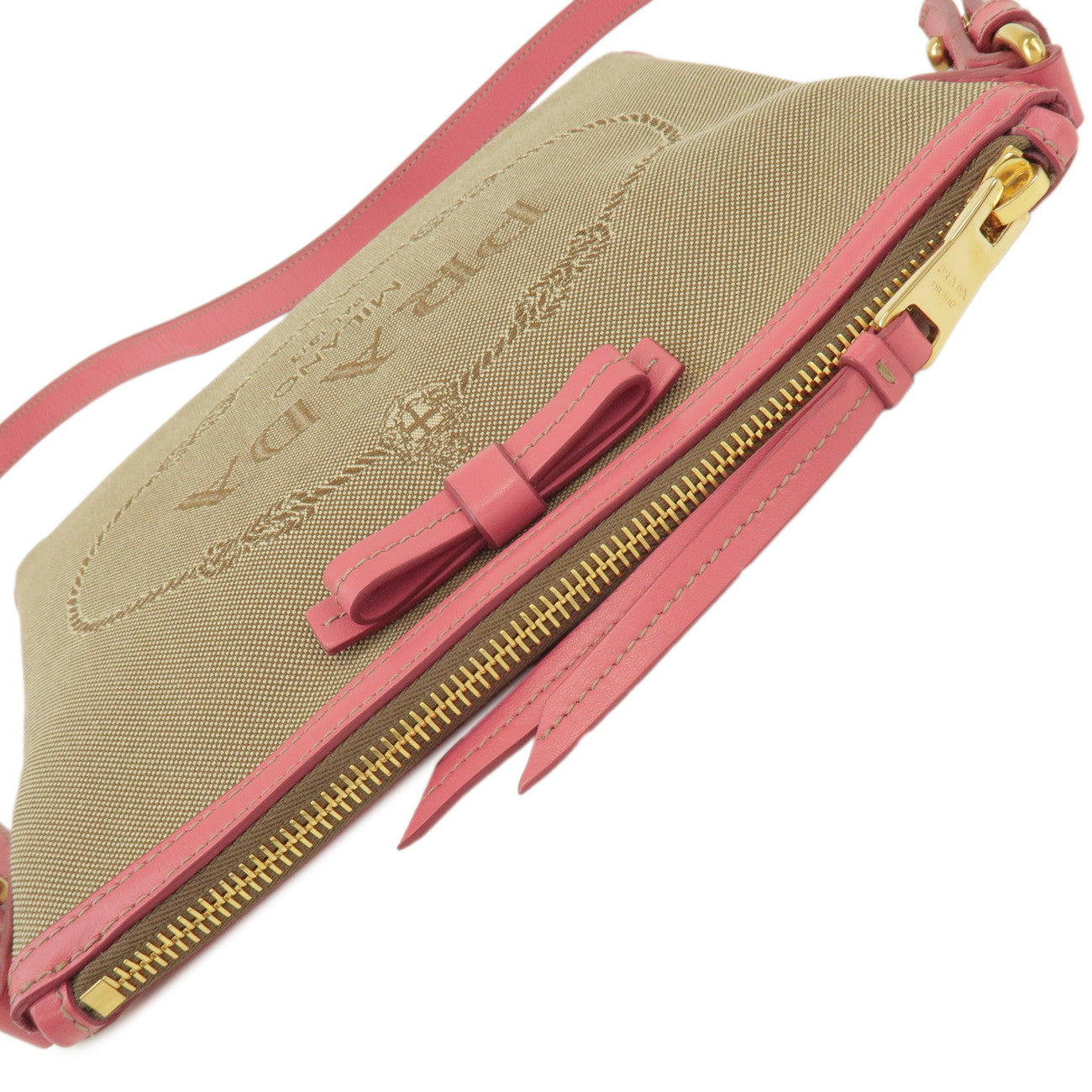 PRADA Logo Jacquard Leather Ribbon Shoulder Bag Beige Pink