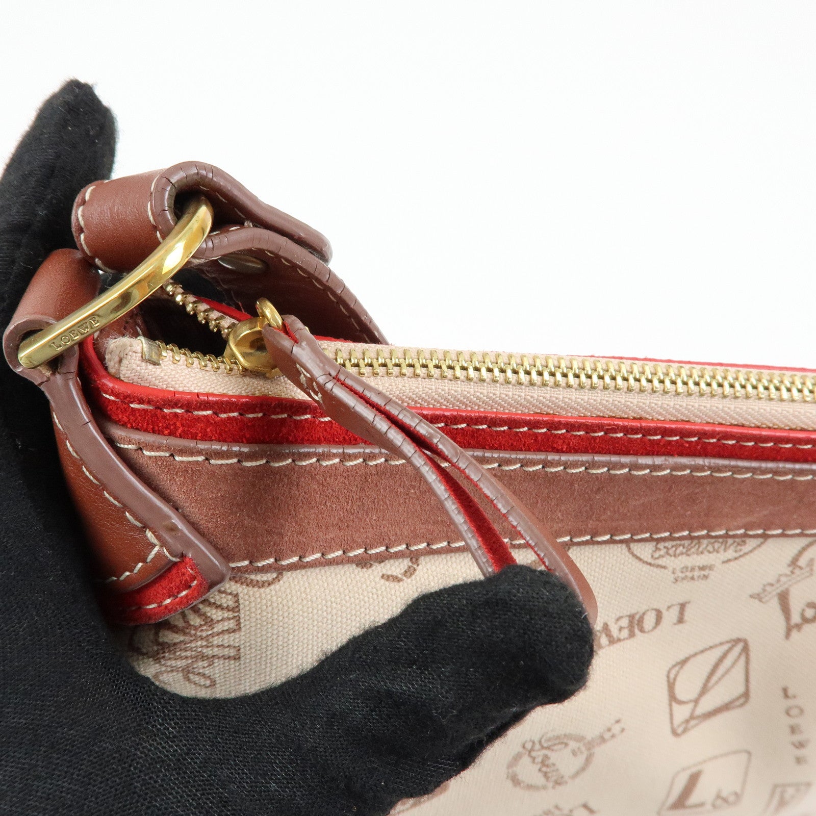 LOEWE Canvas Leather Suede Shoulder Bag Hand Bag Beige Red