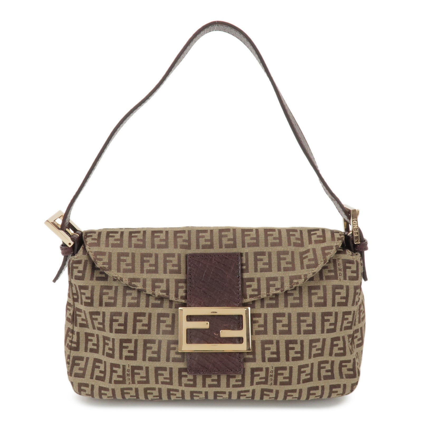 FENDI Zucchino Canvas Leather Hand Bag Brown Beige 8BR003
