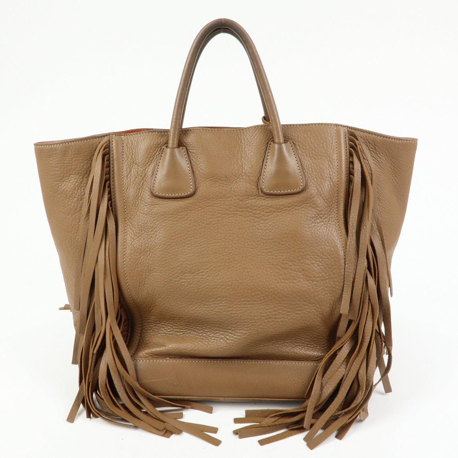 PRADA Leather Fringe Tote Bag Hand Bag Camel Orange