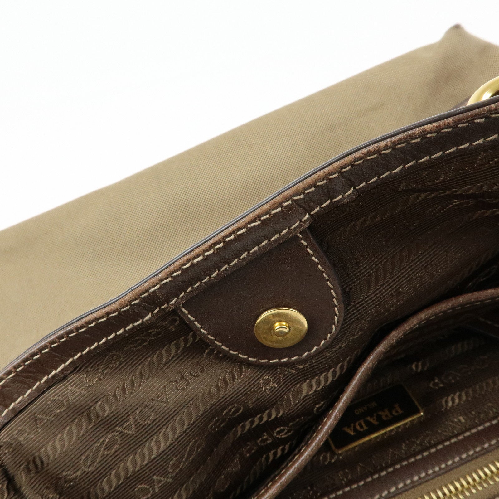 PRADA Triangle Logo Jacquard Leather Tote Shoulder Bag Beige Brown