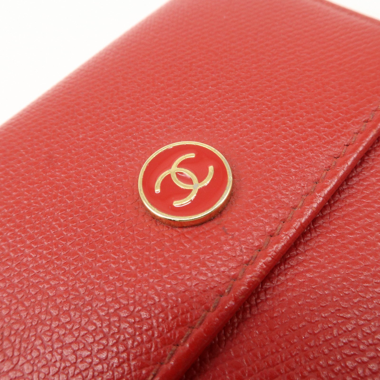 CHANEL COCO Button Leather Double Hook Compact Wallet Red A20902