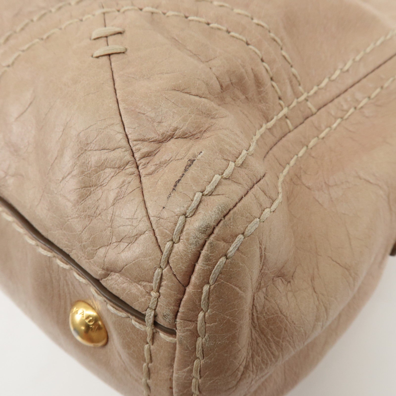 PRADA Triangle Logo Leather 2Way Bag Tote Bag Shoulder Bag Beige Used