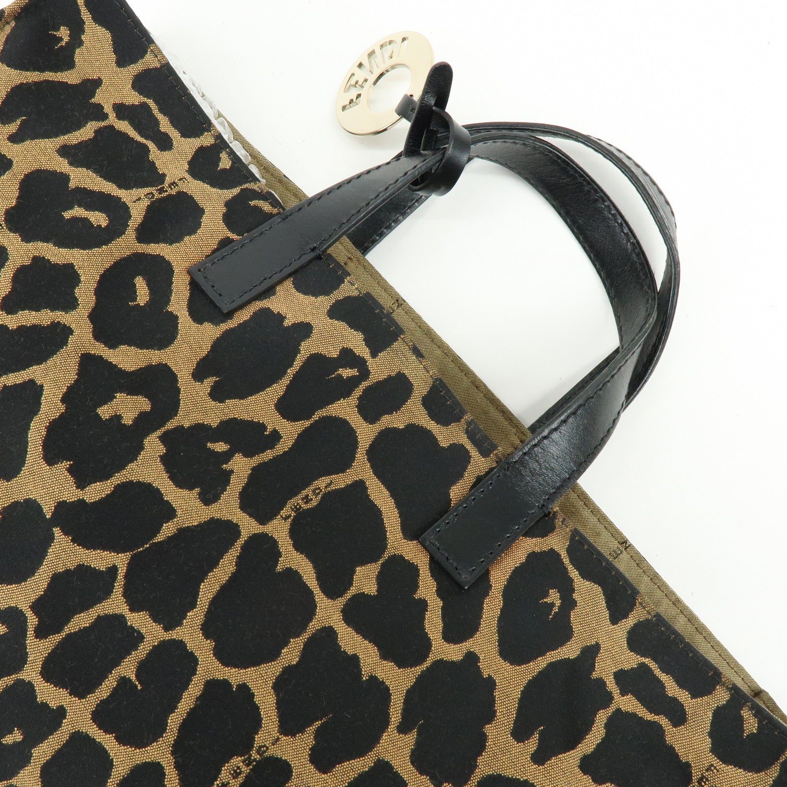 FENDI Canvas Leather Tote Bag Hand Bag Leopard Brown Black 8BH173