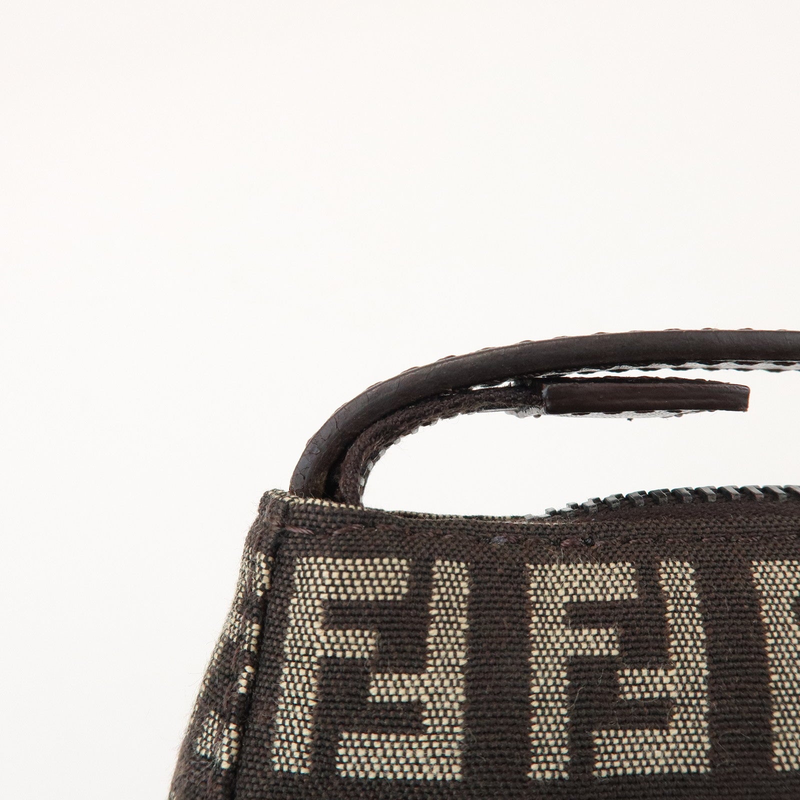 FENDI Zucchino Canvas Leather Hand Bag Pouch Bag Brown 8N00001