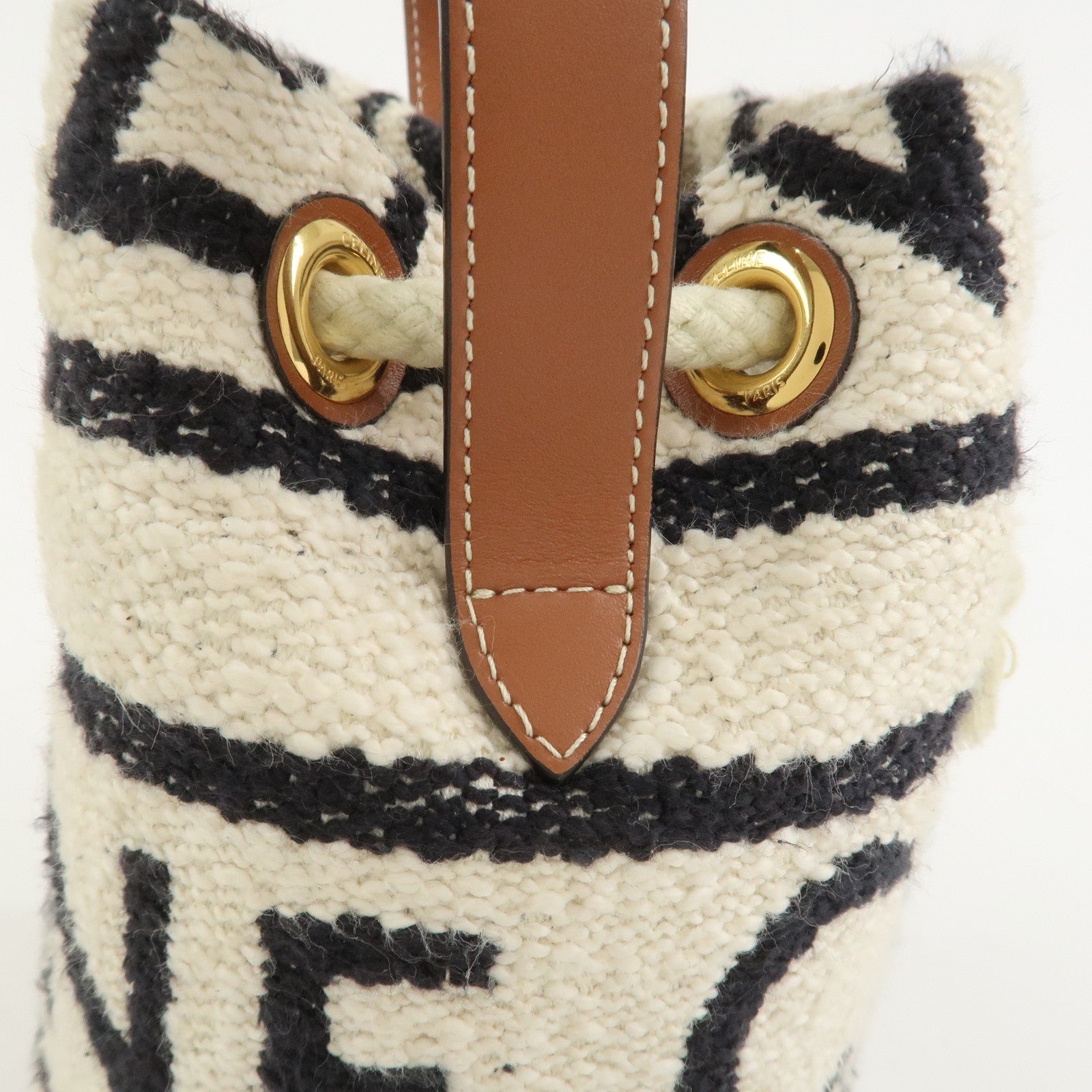 CELINE Teen Drawstring Canvas Leather Hand Bag Natural Brown