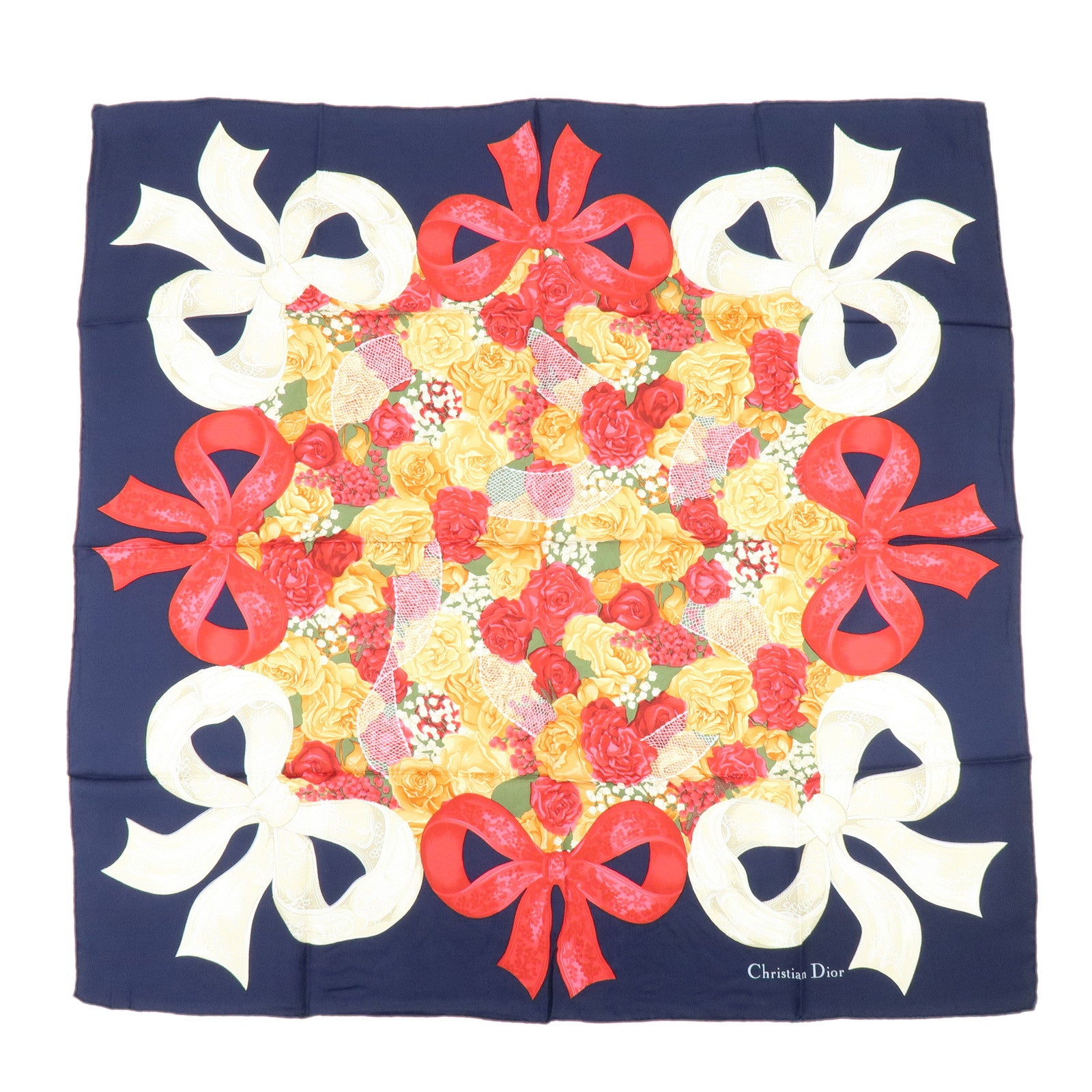 Christian Dior Silk 100% Scarf Flowers Motif Navy Red Orange