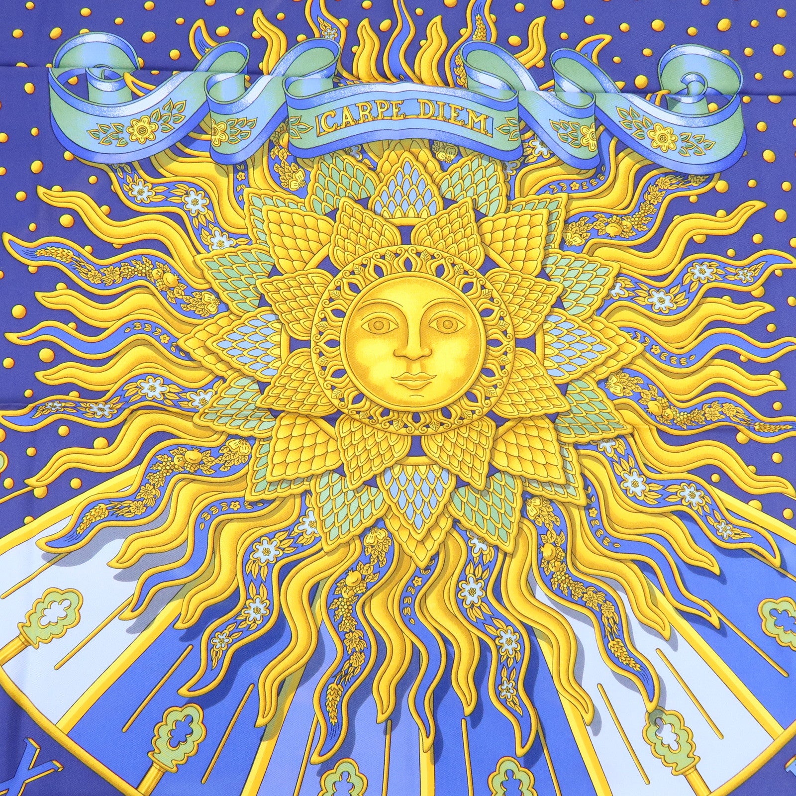HERMES Carre 90 Silk 100% Scarf CARPE DIEM Blue Gold