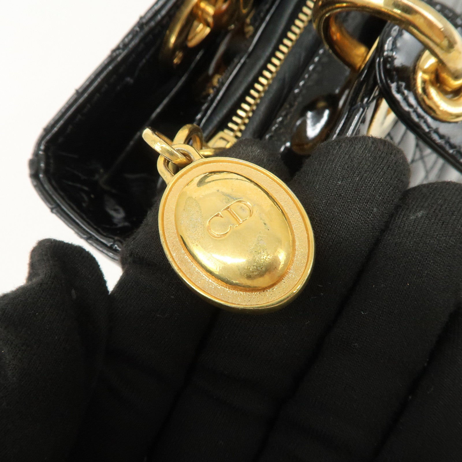 Christian Dior Lady Dior Cannage Patent Leather 2Way Hand Bag Black