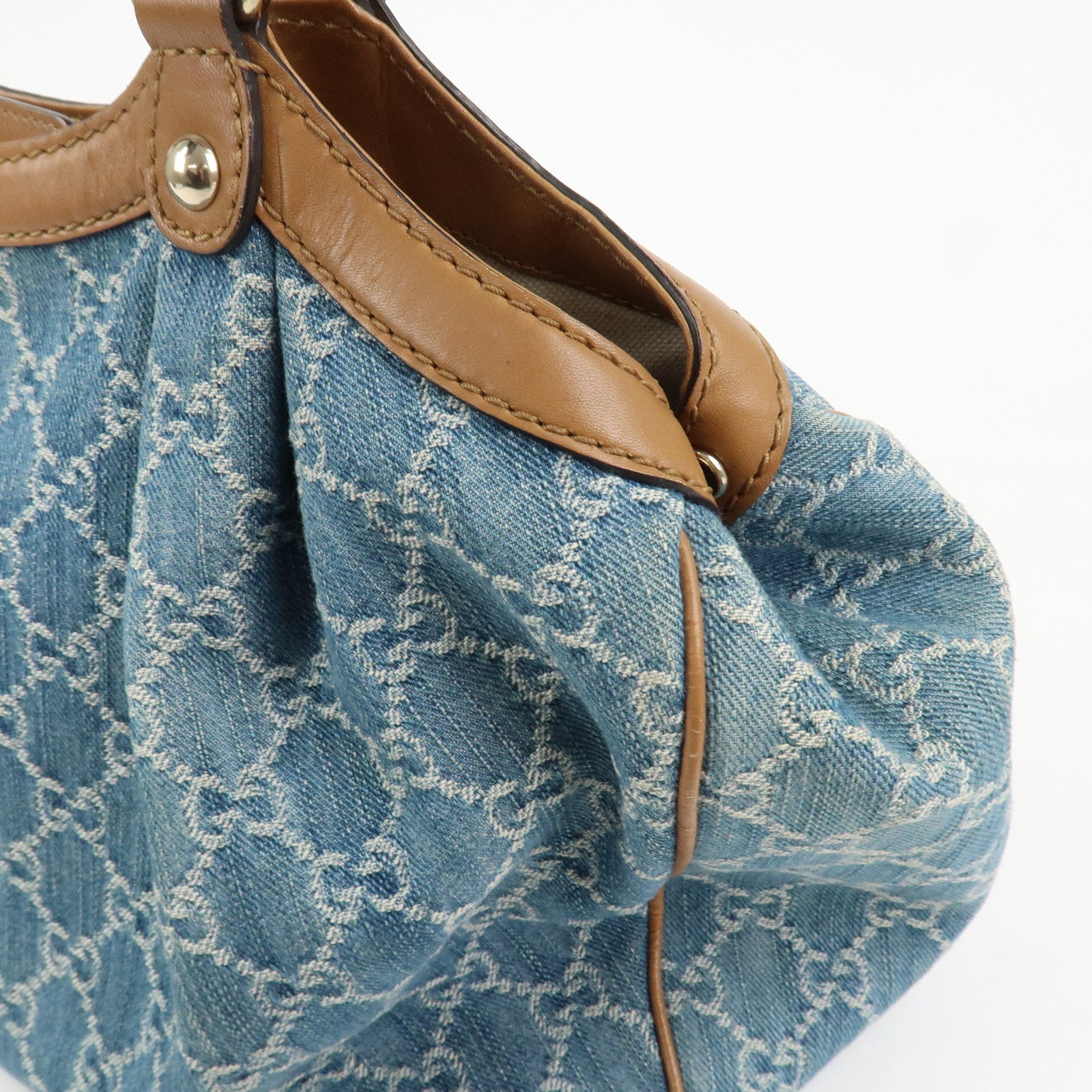 GUCCI Sukey GG Denim Leather Tote Bag Hand Bag Blue Brown 211944