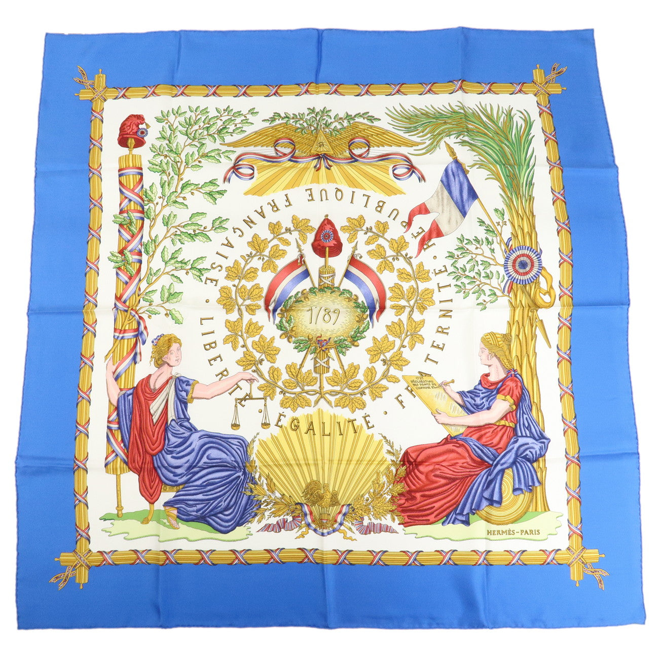 HERMES Carre 90 Silk 100% Scarf Blue Multi Color Used