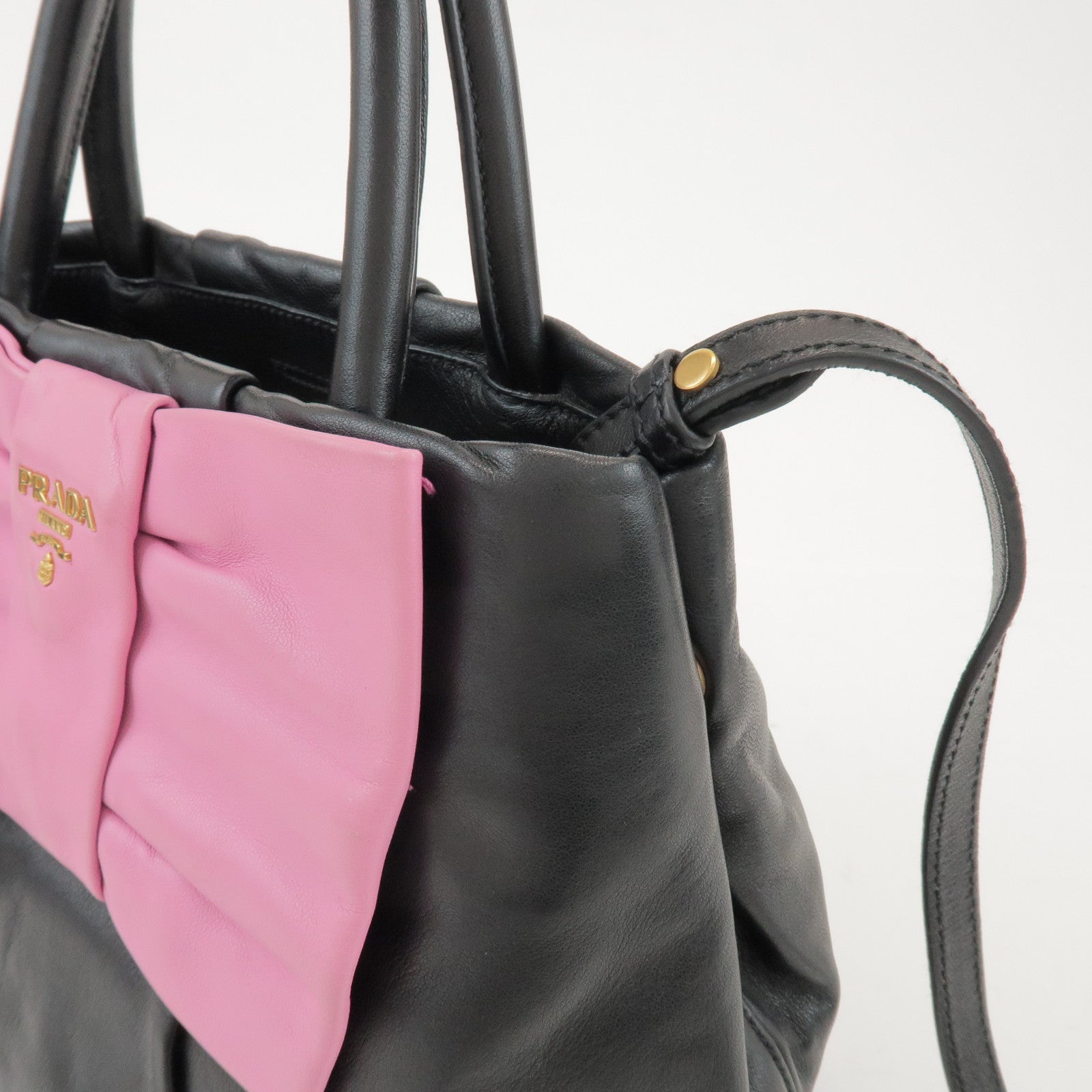 PRADA Logo Leather 2Way Hand Shoulder Bag Ribbon Black Pink BN1604