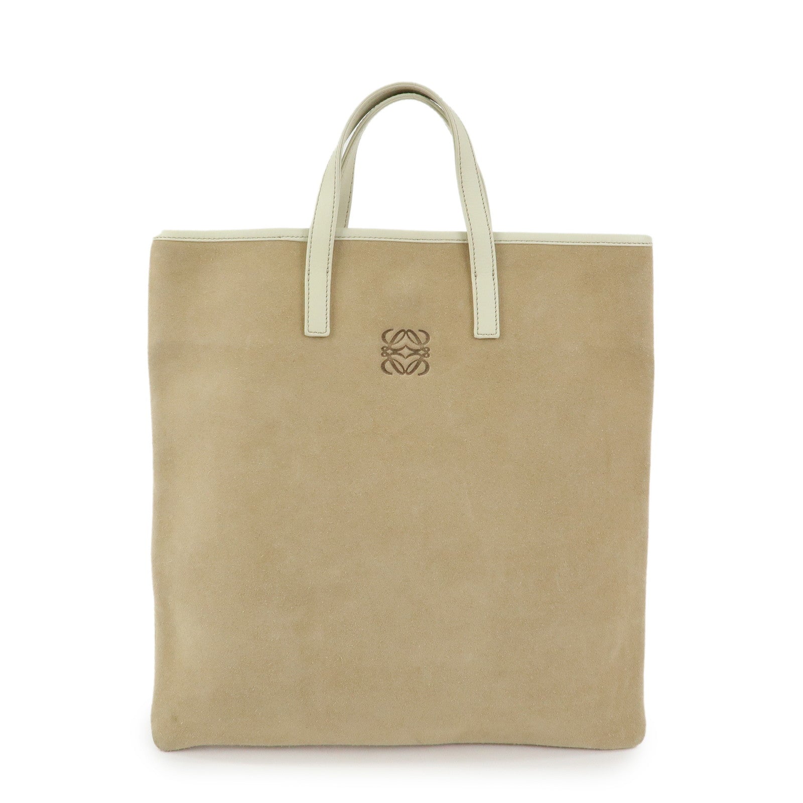LOEWE Anagram Suede Leather Tote Bag Hand Bag Beige White