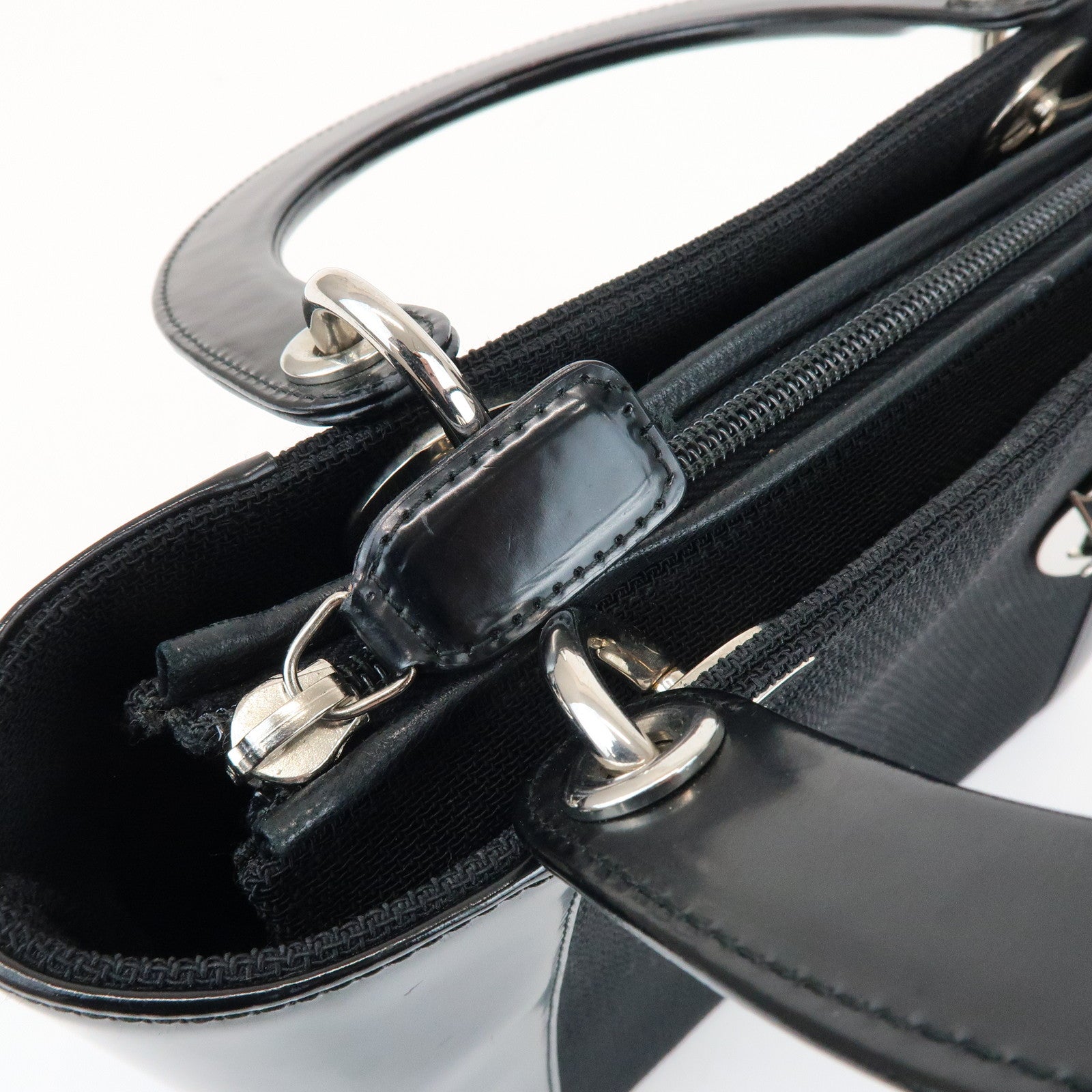 Christian Dior Lady Dior Canvas Patent Leather Hand Bag Black