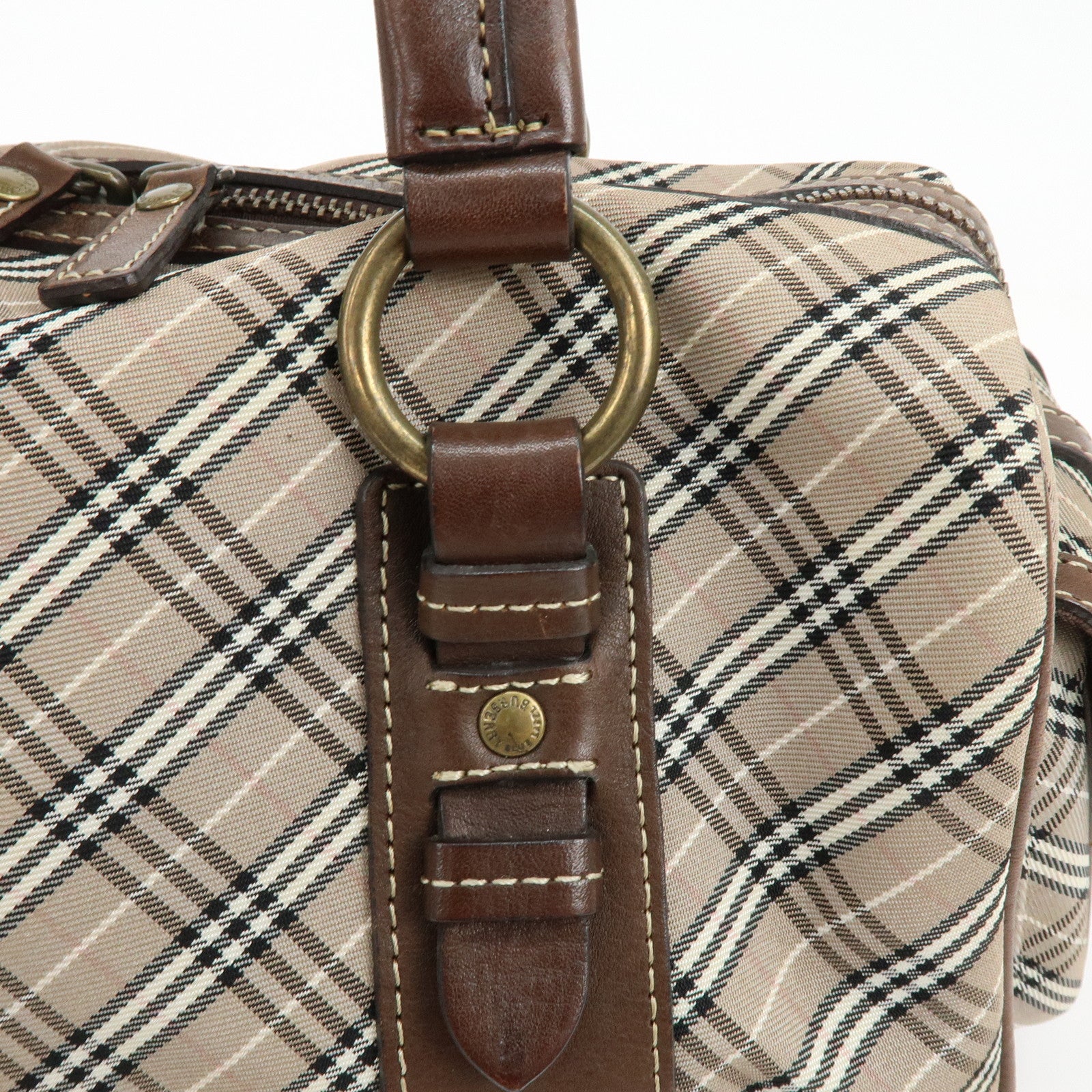 BURBERRY Blue Label Canvas Leather Plaid Hand Bag Boston Bag Brown
