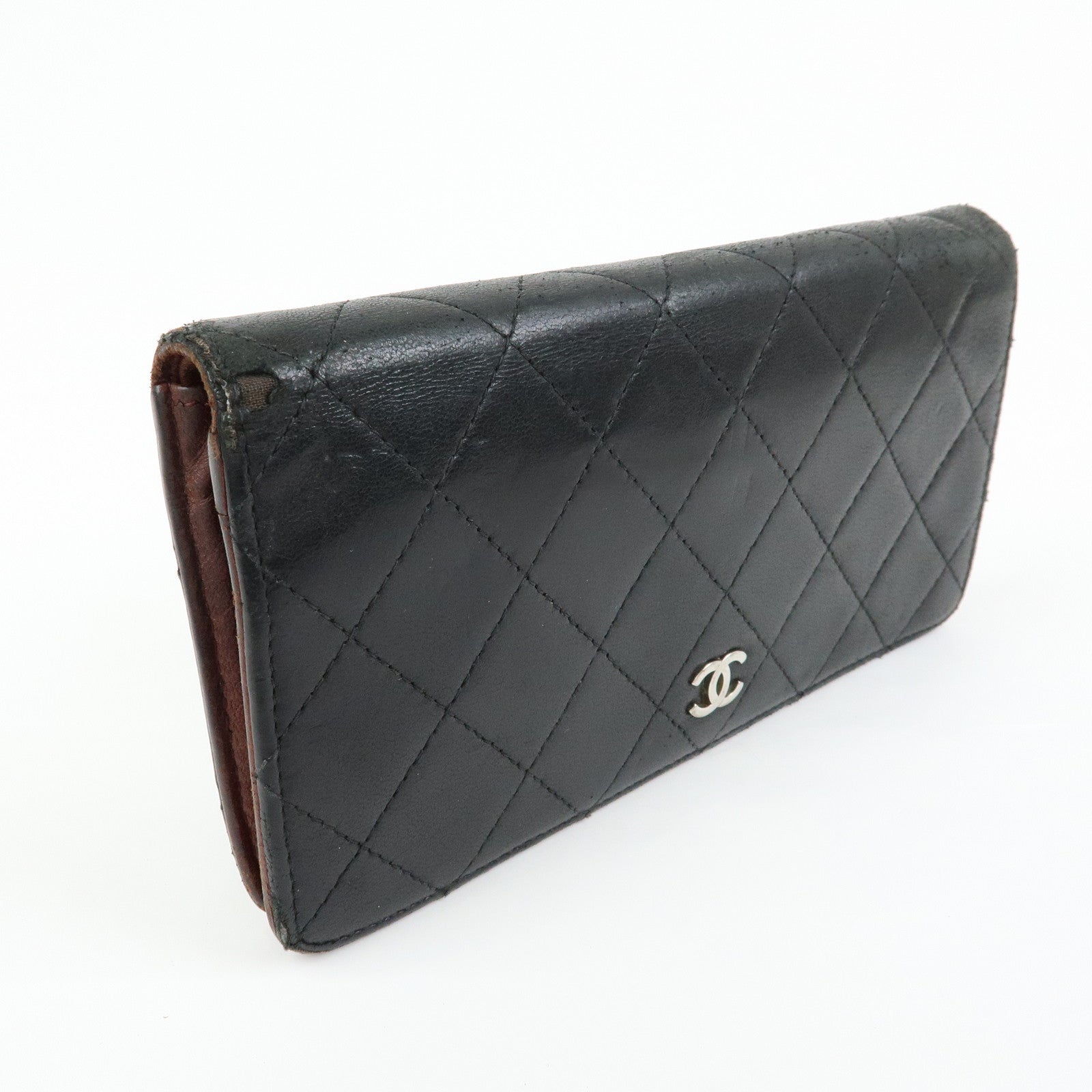 CHANEL Matelasse COCO Mark Lamb Skin Long Wallet Black