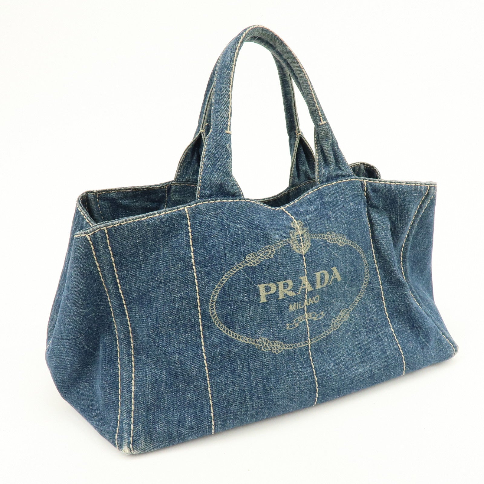 PRADA Logo Canapa Canvas Denim Large Tote Hand Bag Blue BN1872