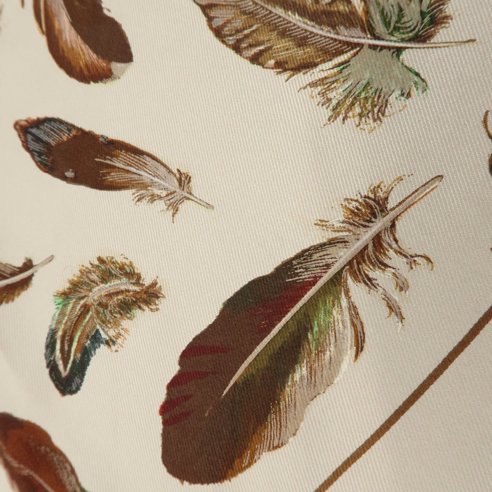 HERMES Pointu Silk 100% Scarf PLUMES Feather Print Brown Beige