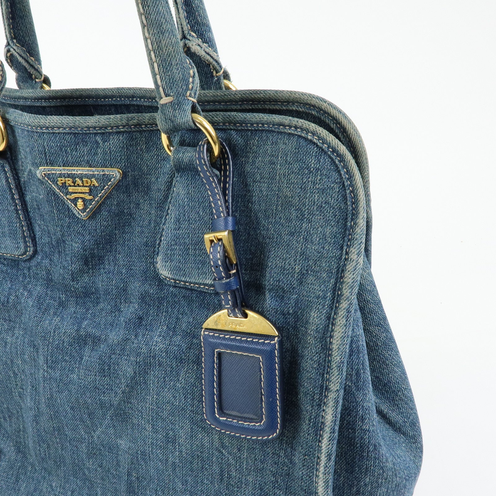 PRADA Triangle Logo Denim Tote Bag Hand Bag Blue BN2254