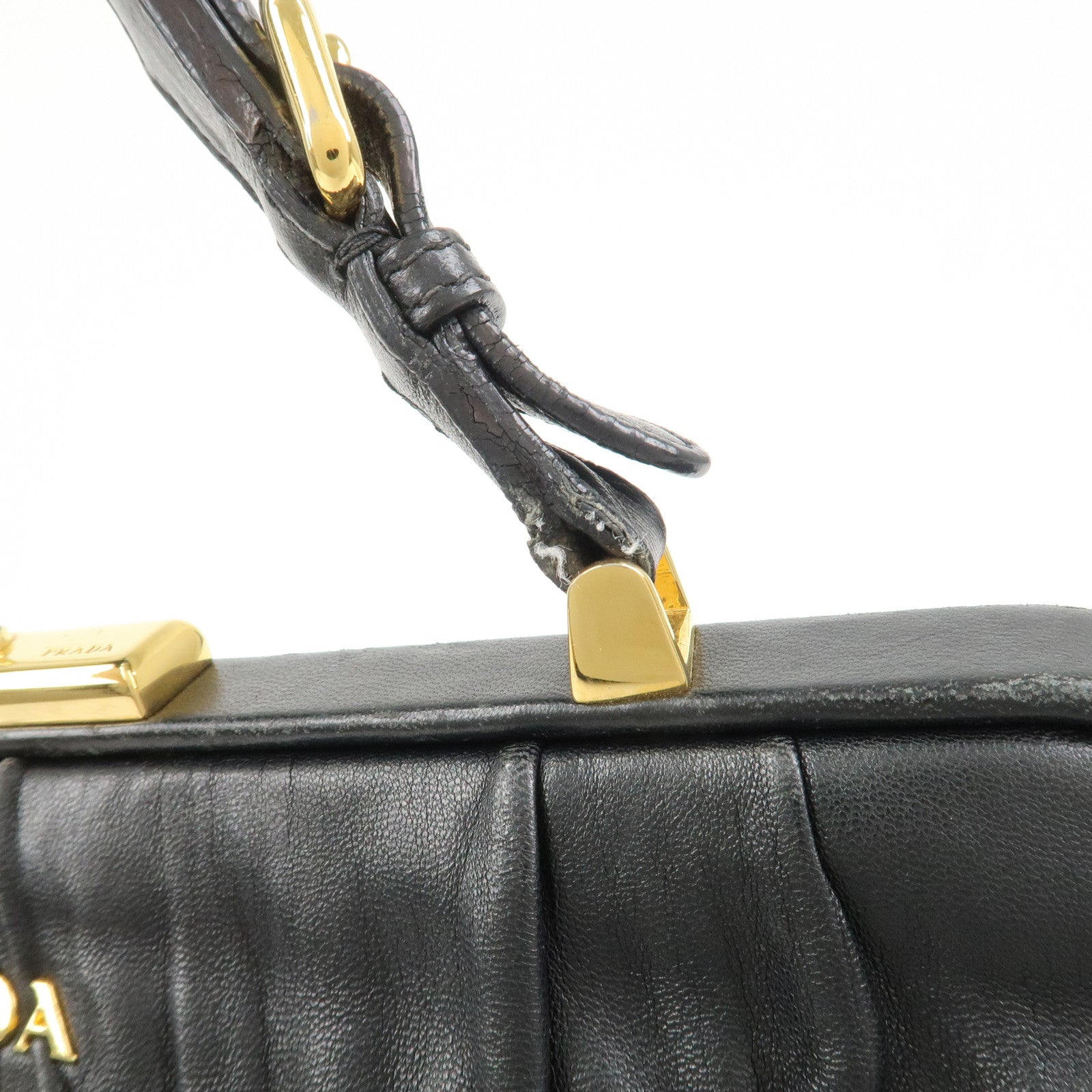 PRADA Logo Nappa Leather Gathered Shoulder Bag Hand Bag Black