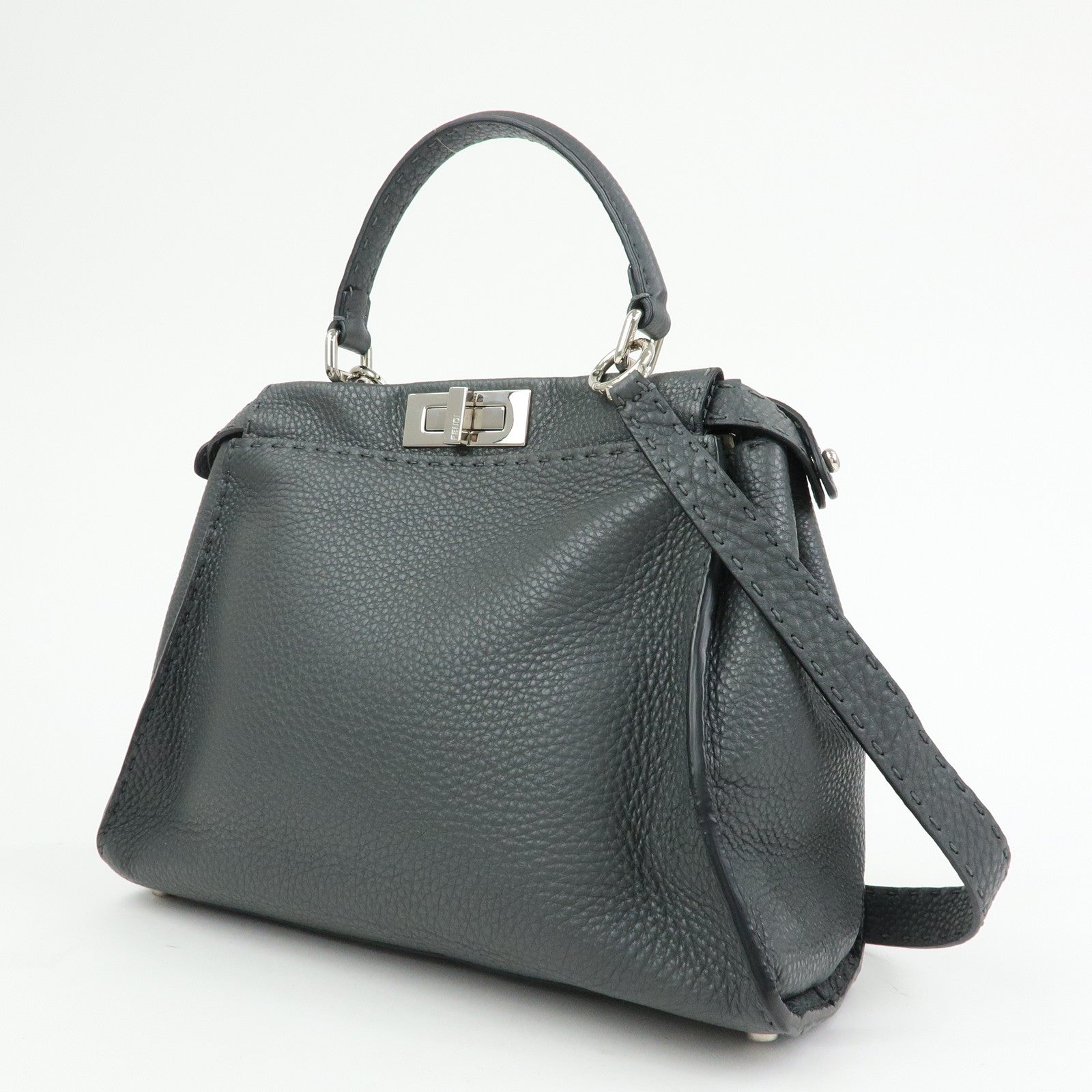 FENDI Peekaboo Selleria Leather 2Way Hand Shoulder Bag Gray 8BN290