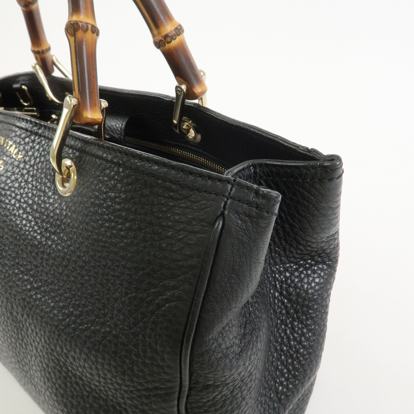 GUCCI Bamboo Shopper Medium Leather 2Way Shoulder Bag Black 323660