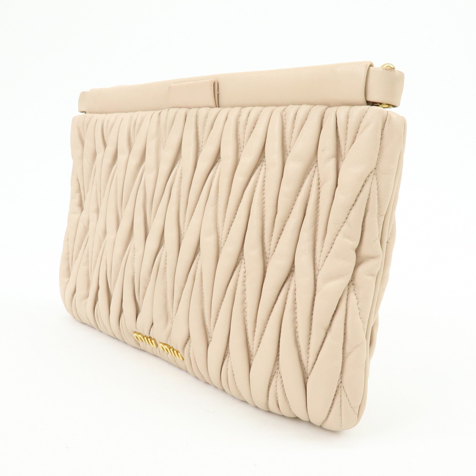 MIU MIU Matelasse Nappa Leather Clutch Bag Flat Pouch Beige RP0390