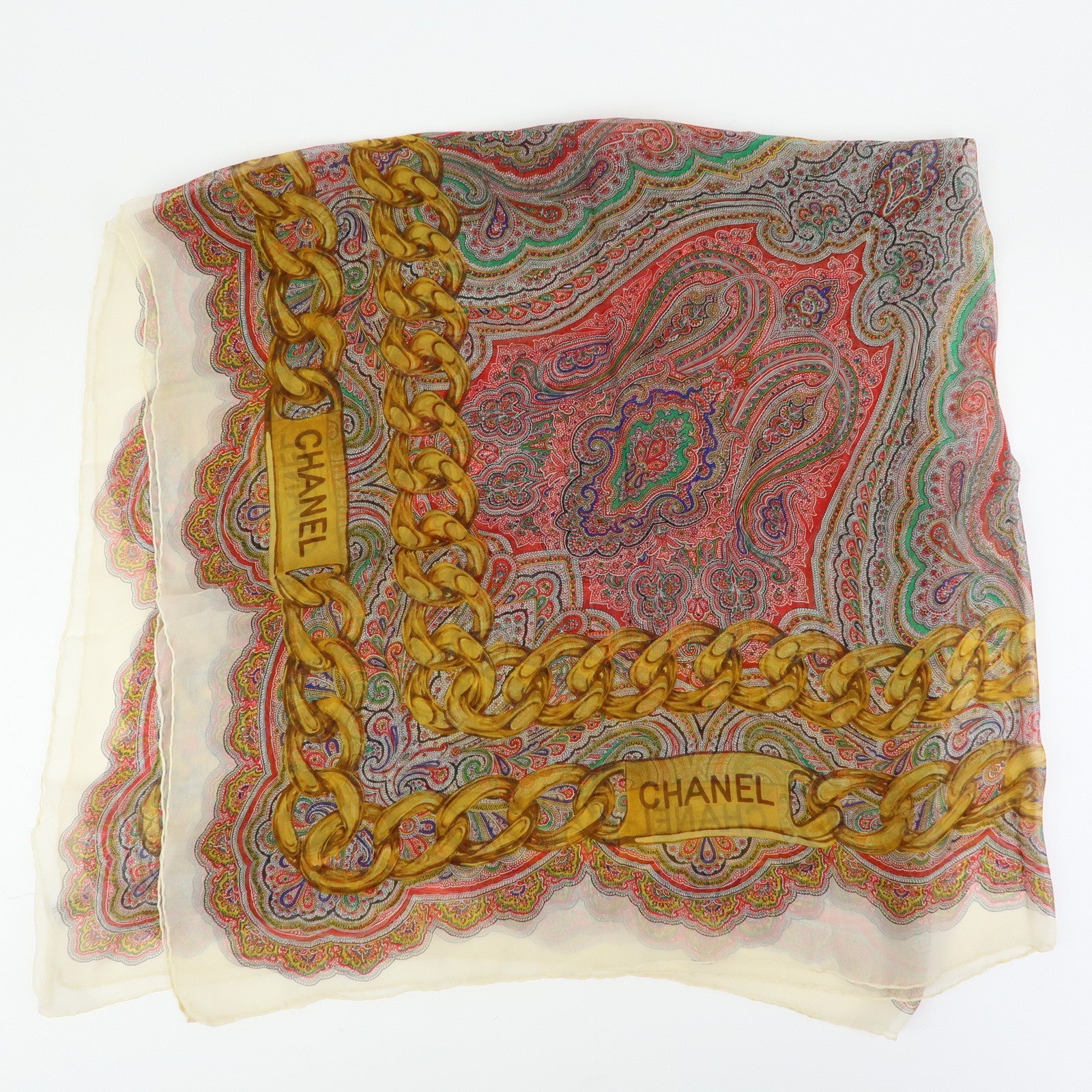 CHANEL Silk 100% Paisley Chain Pattern Scarf Gold Red