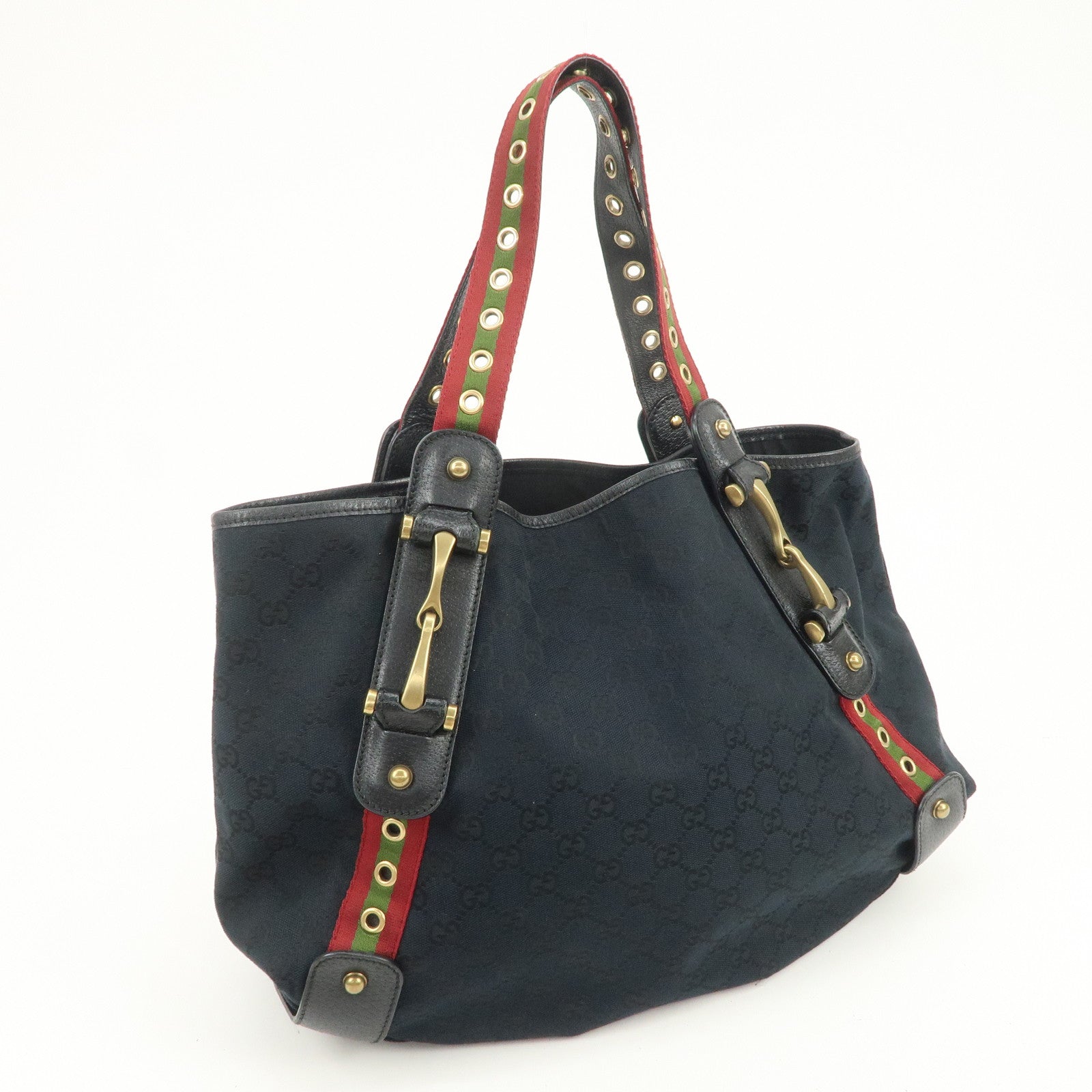 GUCCI Horsebit GG Canvas Leather Tote Bag Hand Bag Black 144186