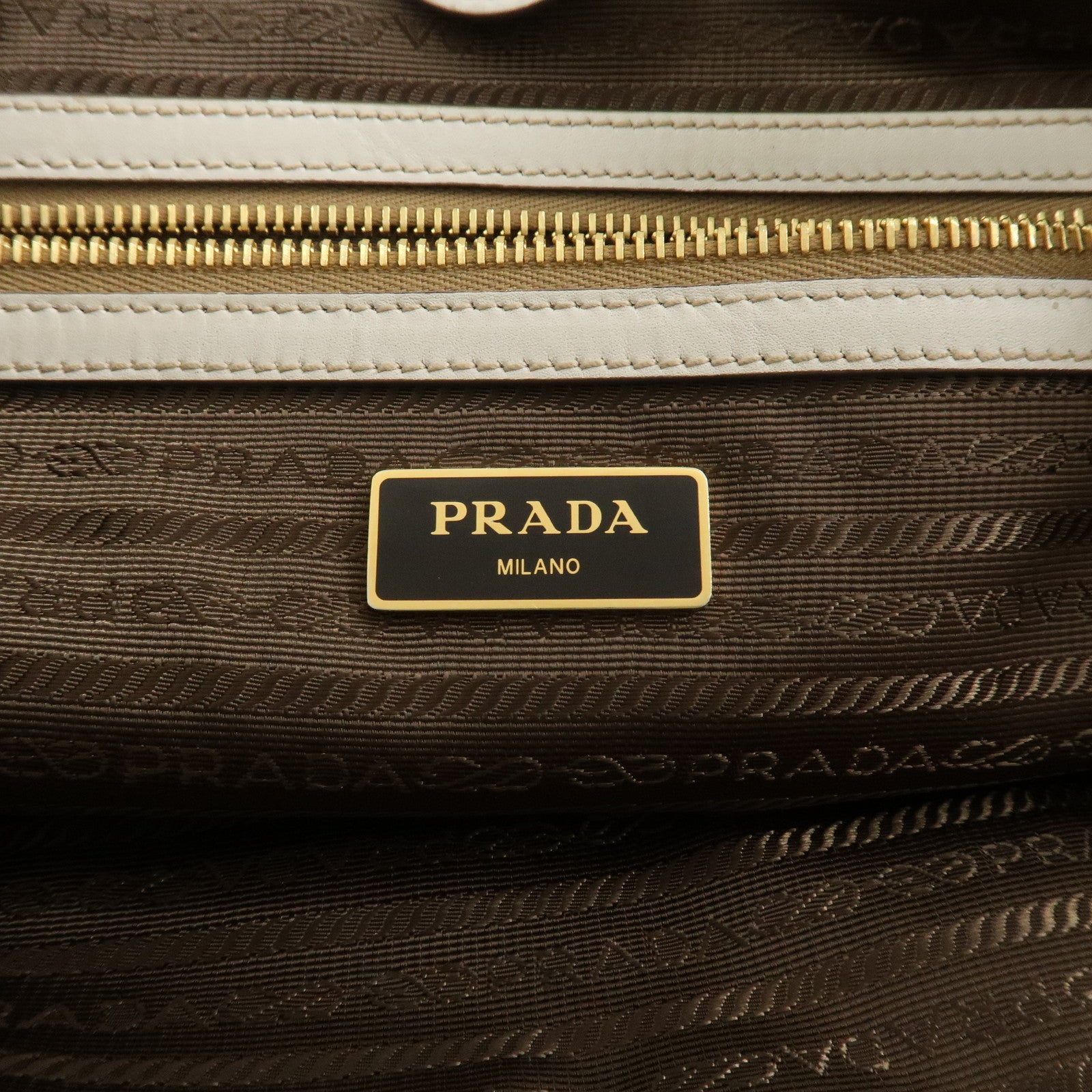 PRADA Logo Jacquard Leather Tote Bag Hand Bag Beige Ivory 1BG158