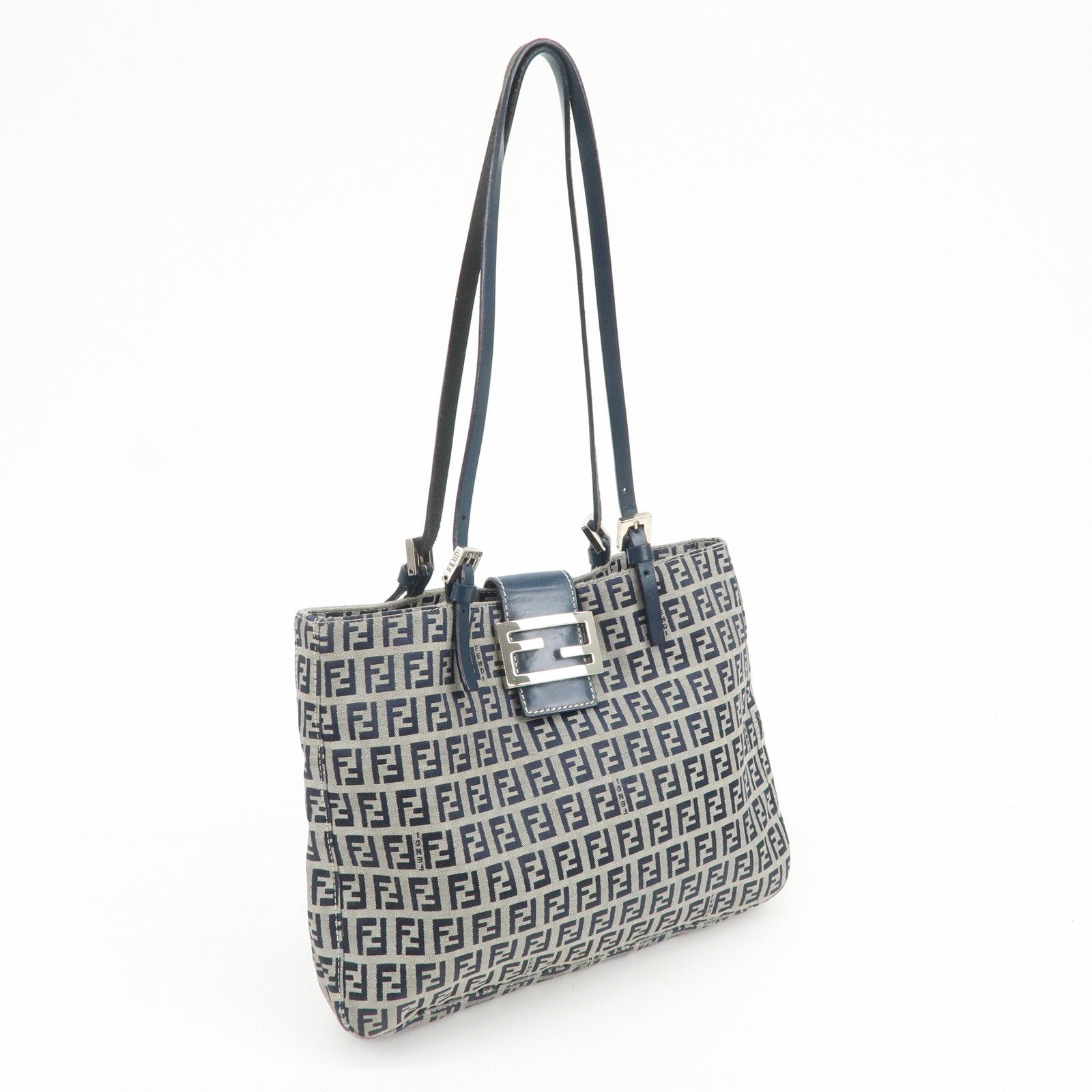 FENDI Zucchino Canvas Leather Tote Bag Shoulder Bag Navy Gray