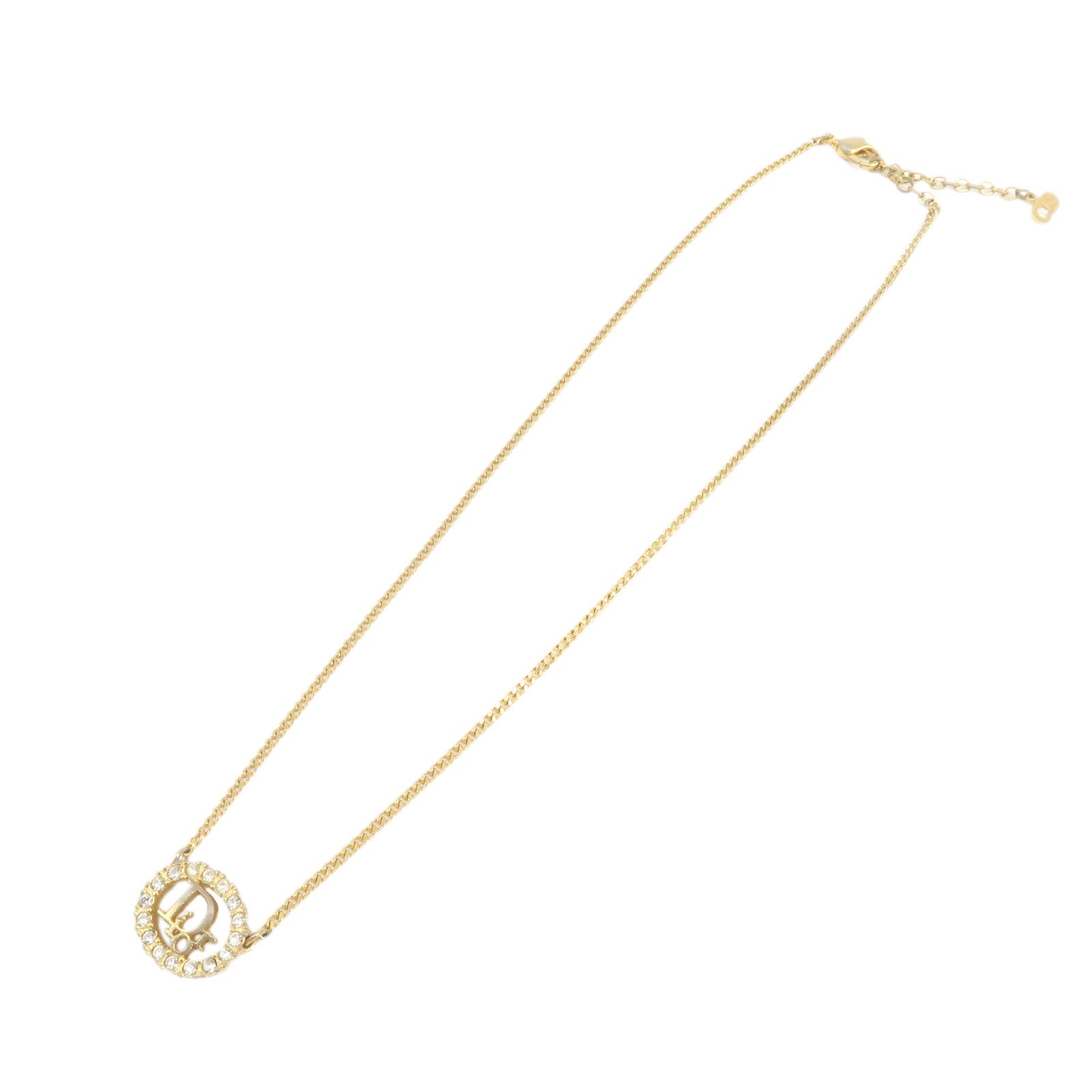 Christian Dior Logo Metal Rhinestone Necklace Gold