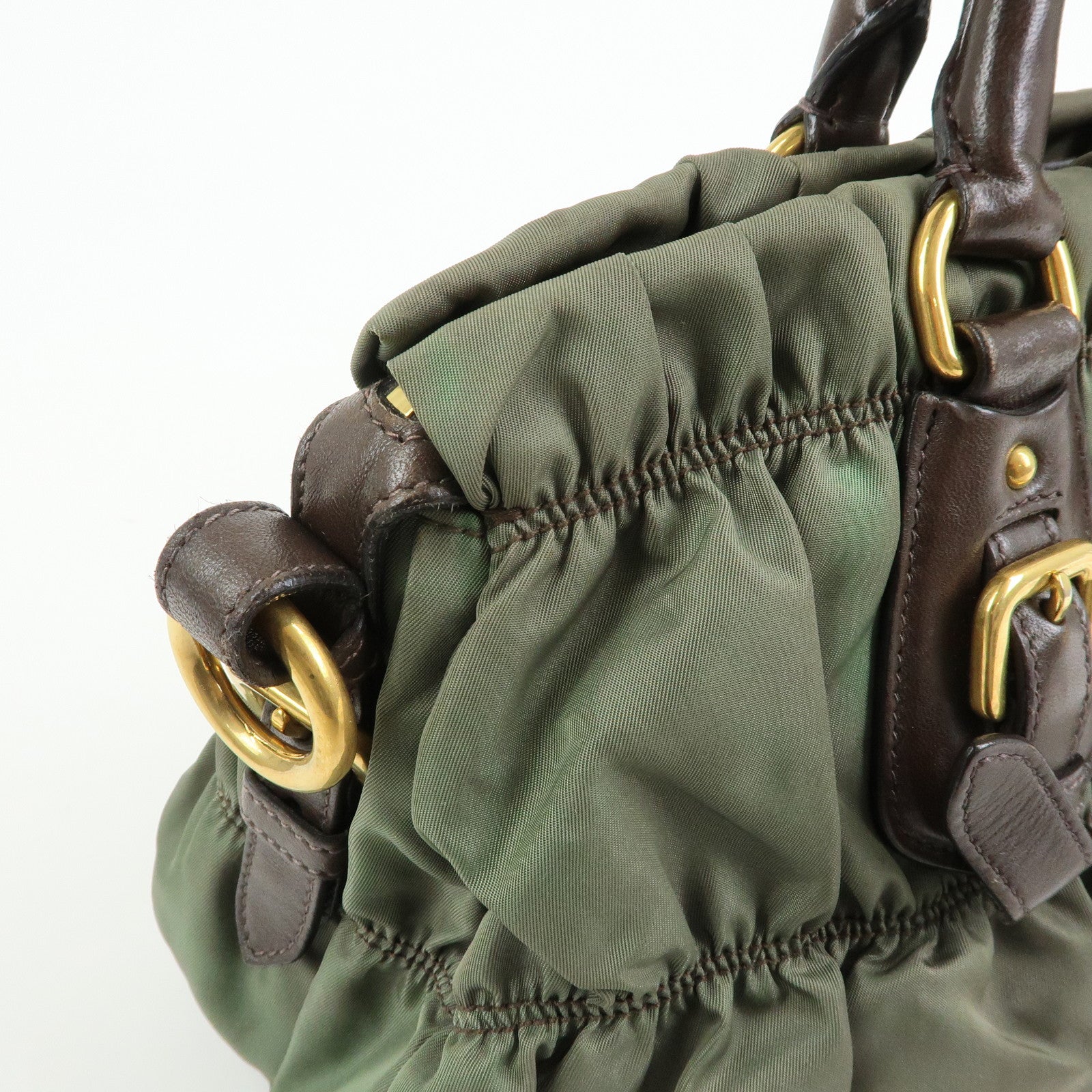 PRADA Nylon Leather Gathered 2Way Bag Hand Bag Khaki BN1407