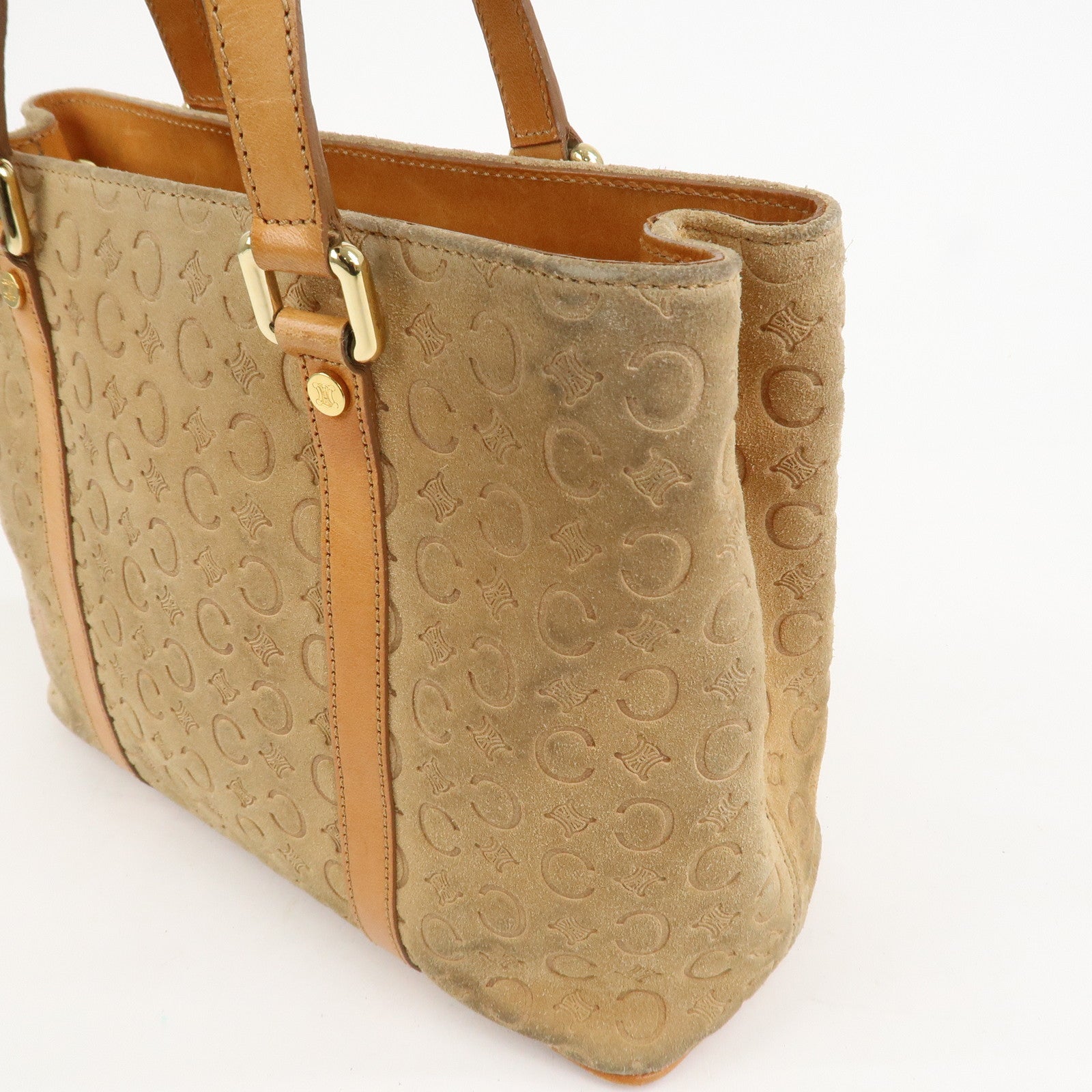 CELINE C Macadam Suede Leather Hand Bag Tote Bag Brown Gold HDW